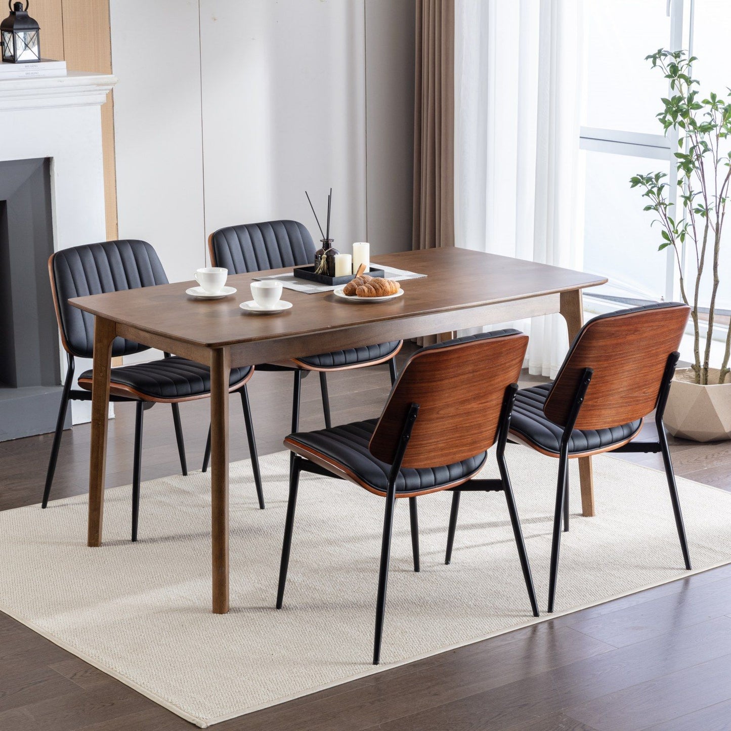 Dining Chairs Mid-Century Modern Retro Faux Leather Chair With Walnut Bentwood Back Upholstered Seat Metal Legs Adjustable Foot For Kitchen Dining Room Chairs (Set of 2) - Black