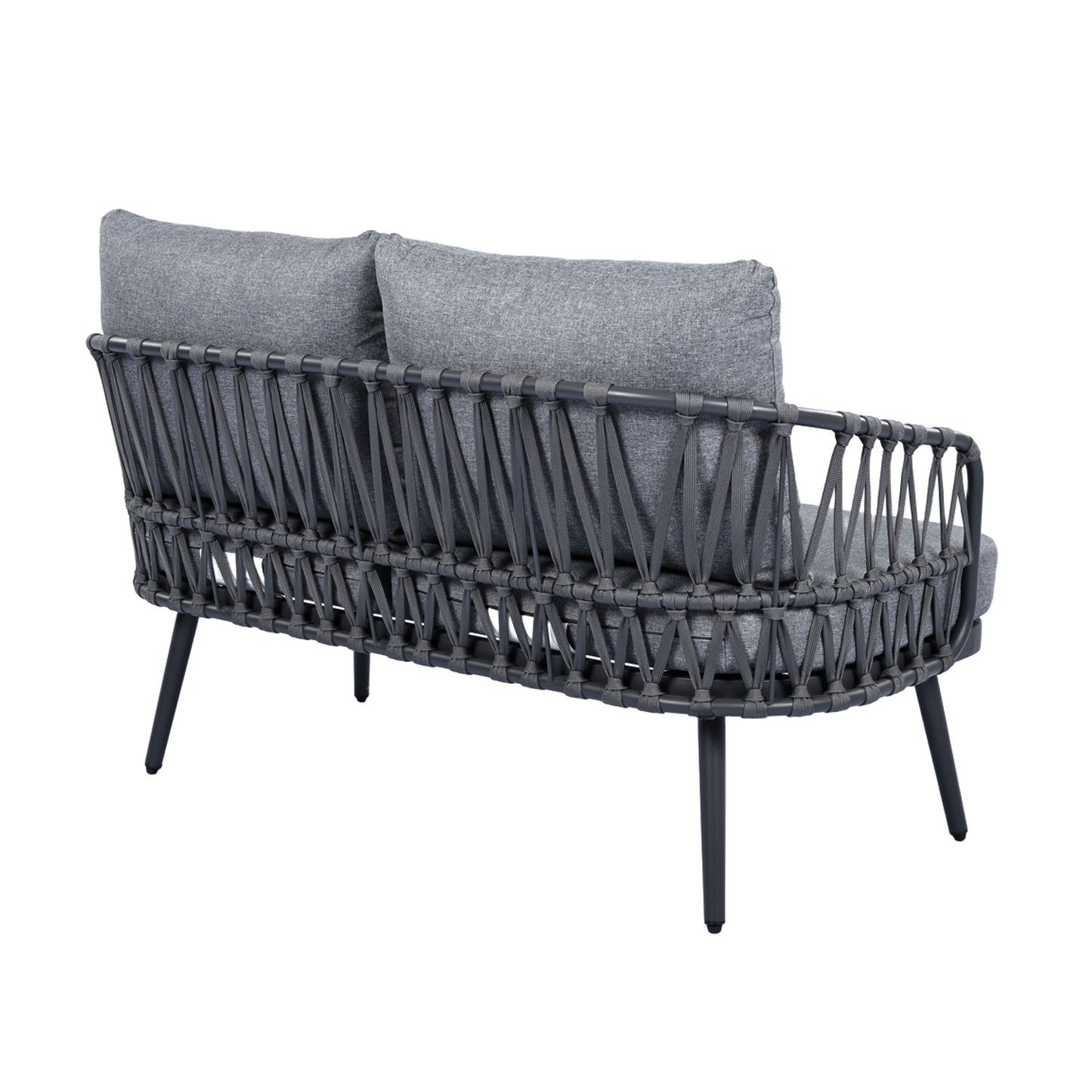 4 Piece Outdoor Patio Furniture Set, Metal Chairs With Woven Rope U Shaped Backrest, Outdoor Conversation Set With Thick Cushions And Coffee Table For Garden, Poolside, Balcony - Black / Gray
