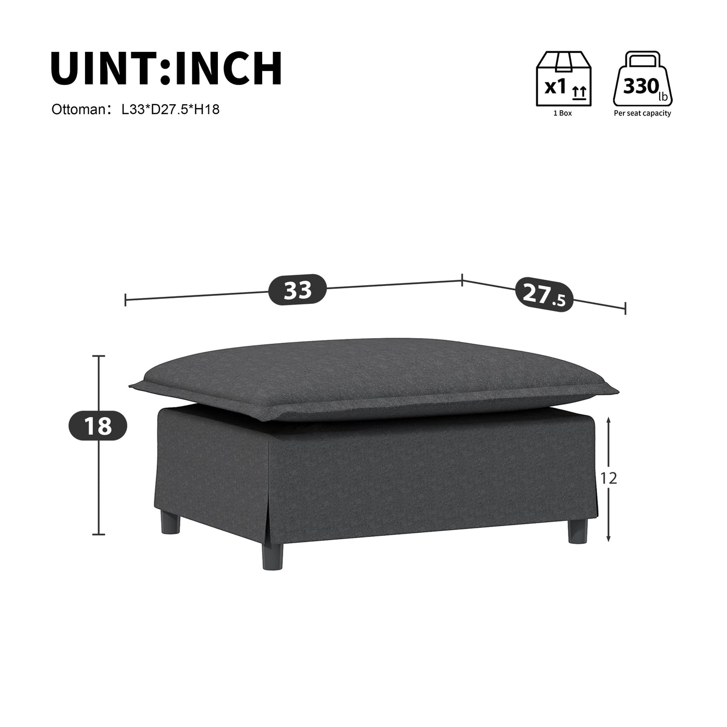Ottoman Module For Modular Sectional Sofa Wide Seat - Gray