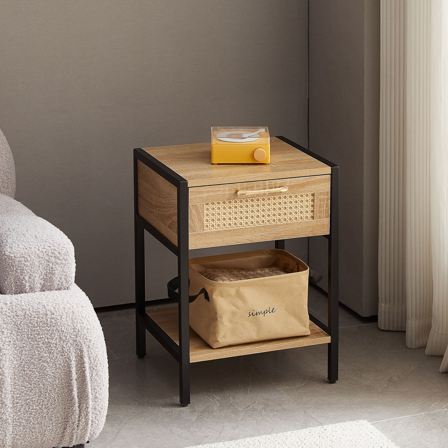 15.74" Rattan End Table With Drawer, Modern Nightstand, Metal Legs, Side Table For Living Room, Bedroom - Natural