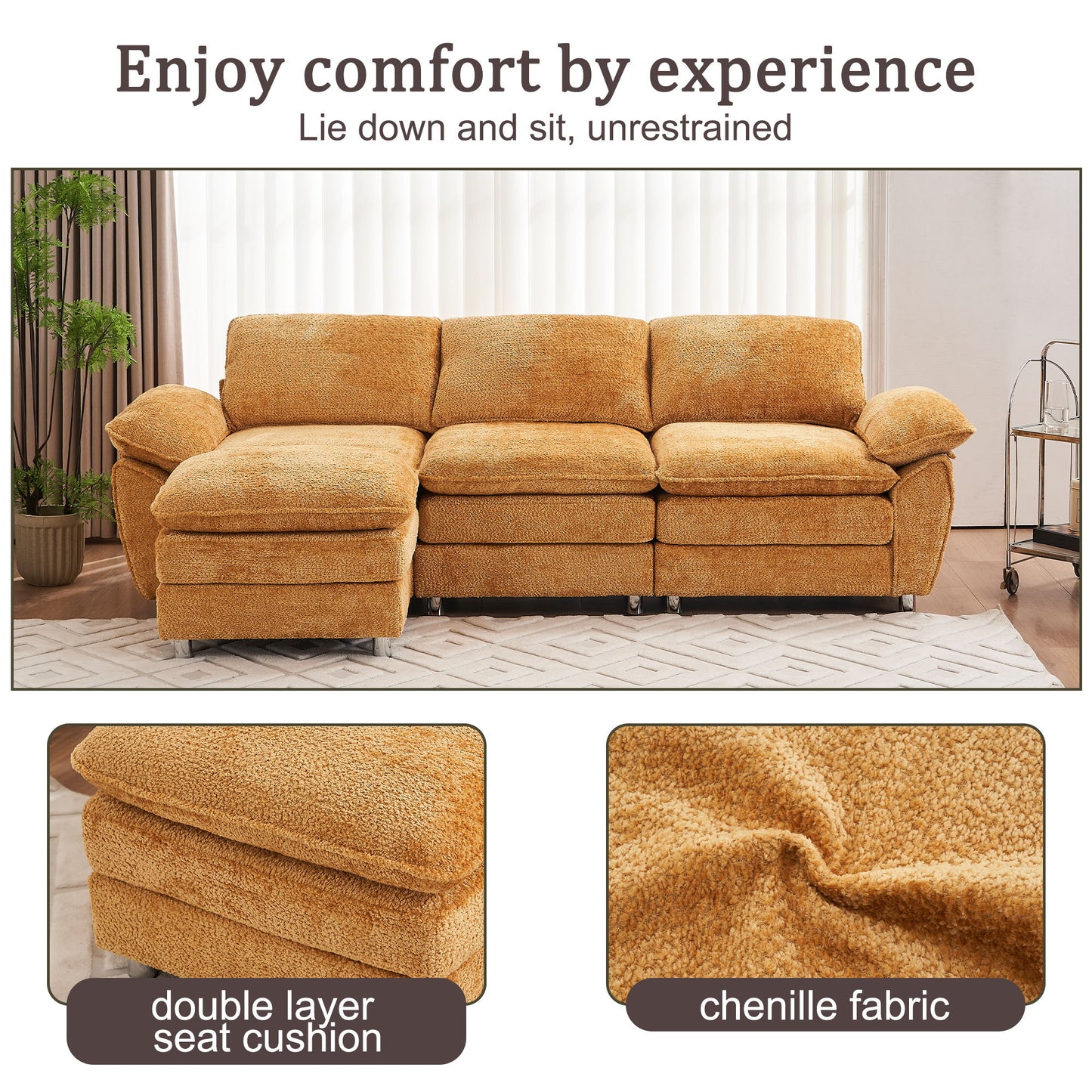 Modern Deep 3 Seat Sofa Couch With Ottoman, Polyester Sofa Sleeper Comfy Upholstered Furniture For Living Room - Yellow