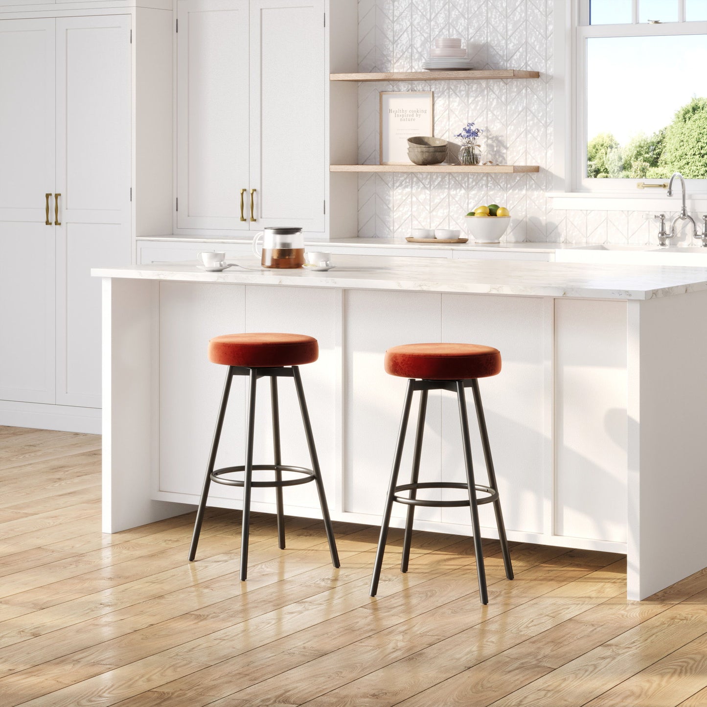 Modern Glam Upholstered Faux Velvet Bar Stool - Rust