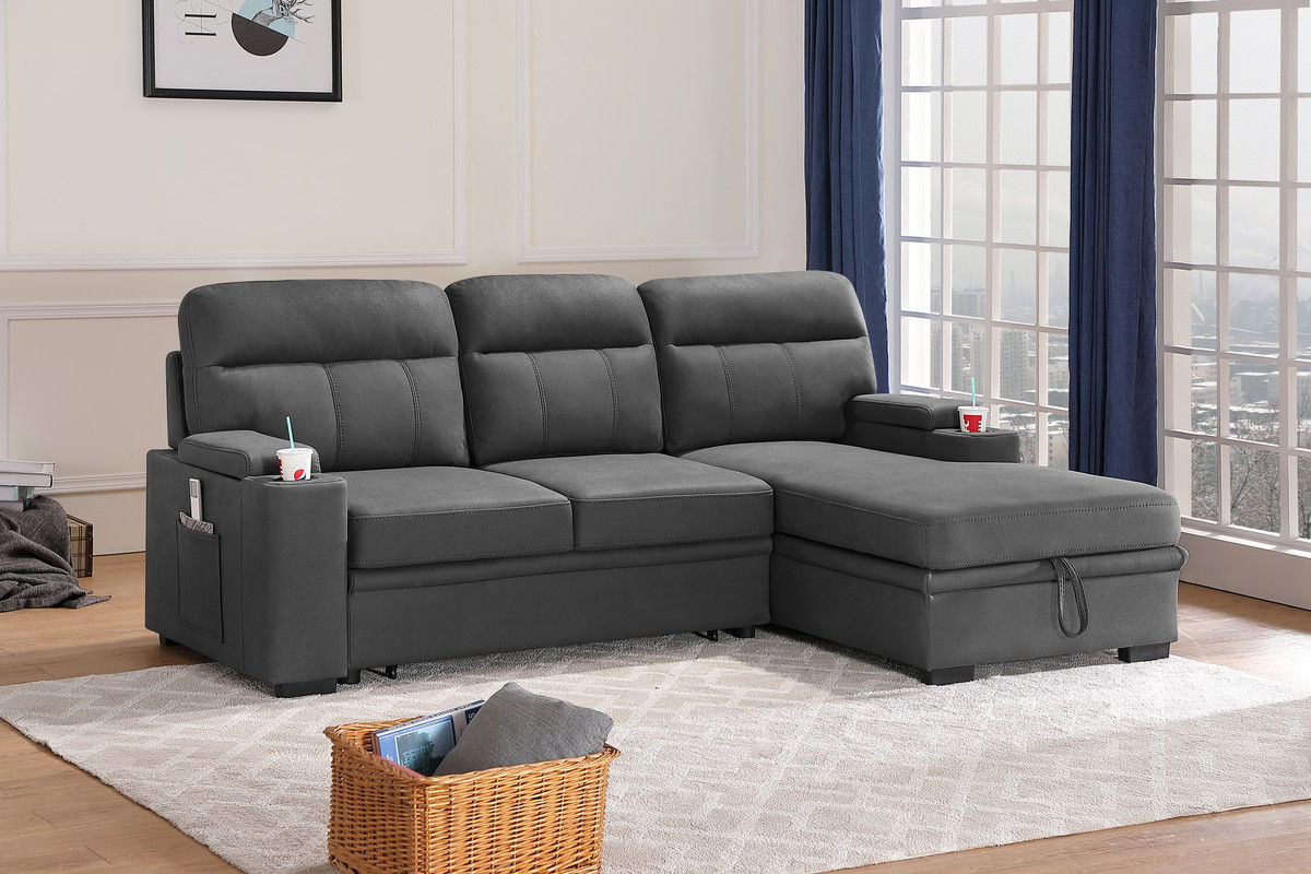 Kaden - Sleeper Sectional Sofa Chaise With Storage Arms And Cupholder - Gray