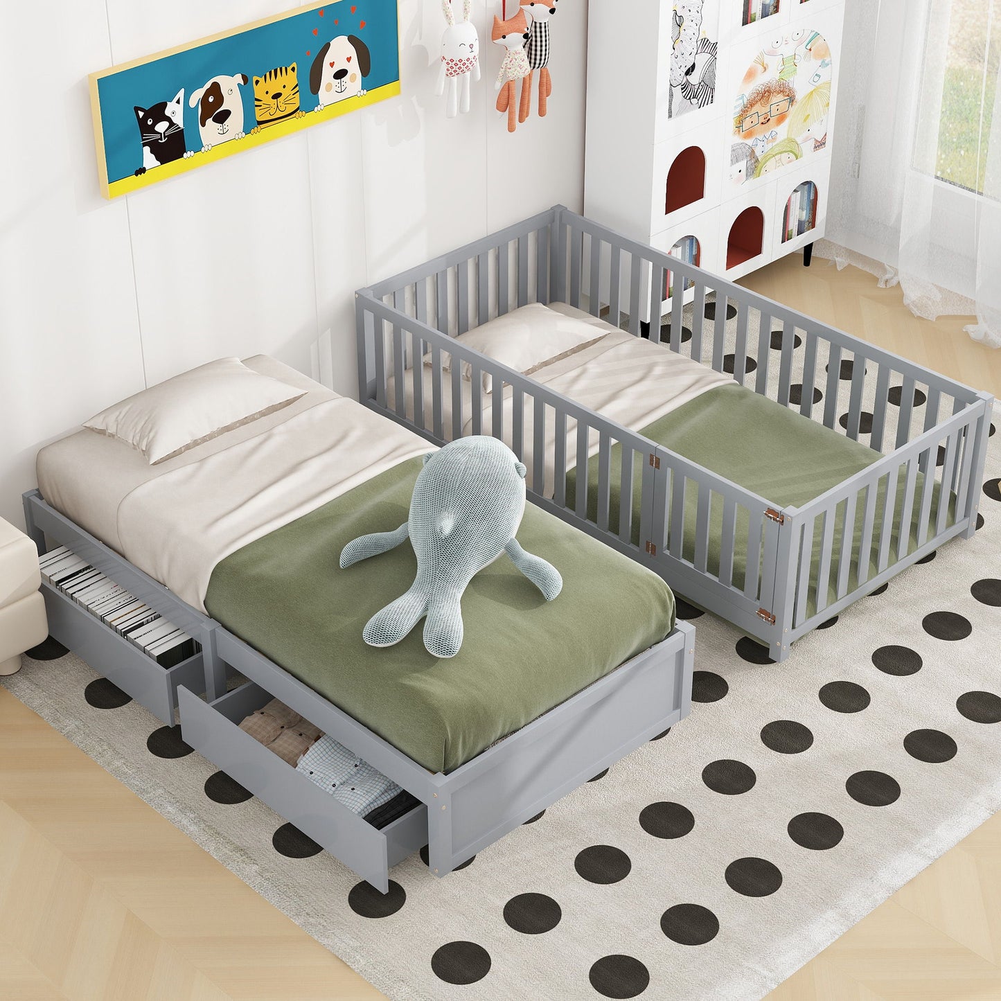 Twin Size Daybed With Fence Guardrails And 2 Drawers, Split Into Independent Floor Bed & Daybed - Gray