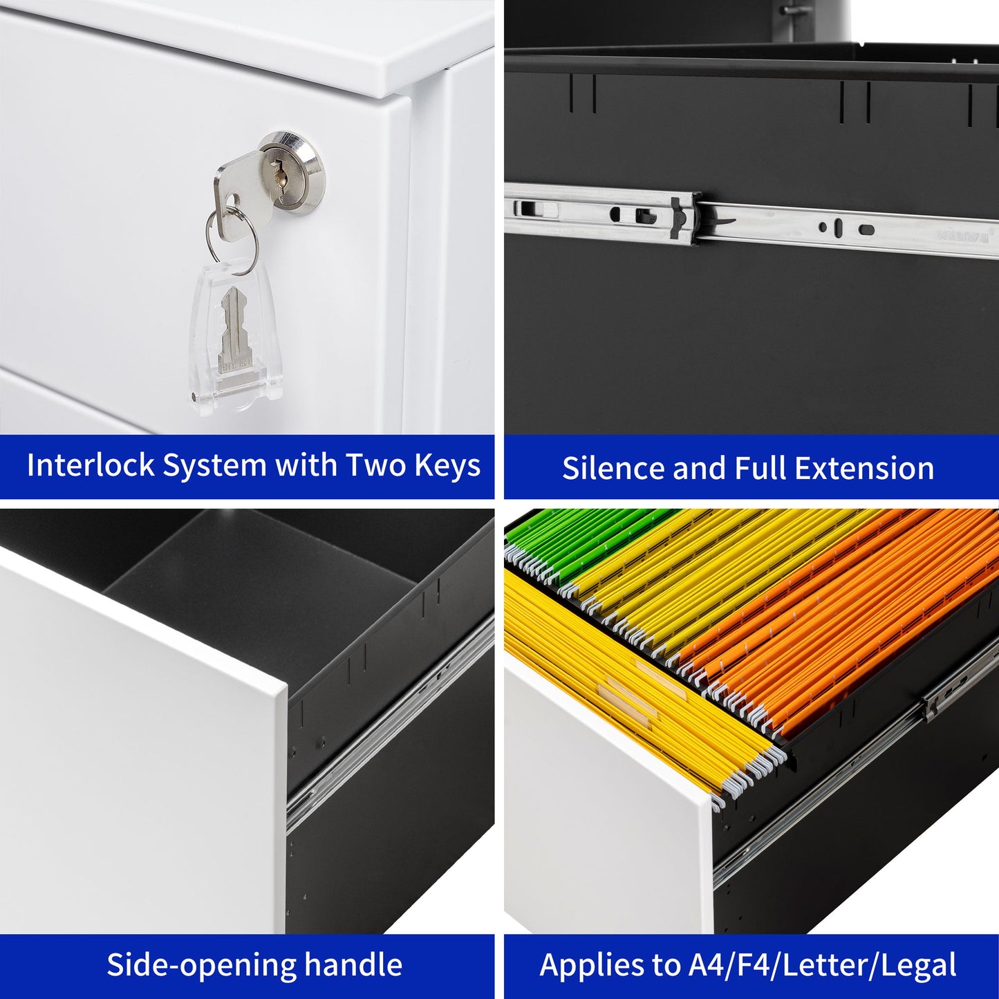 2 Drawer Mobile File Cabinet With Lock Steel File Cabinet For Legal / Letter / A4 / F4 Size / Home / Office Design - White