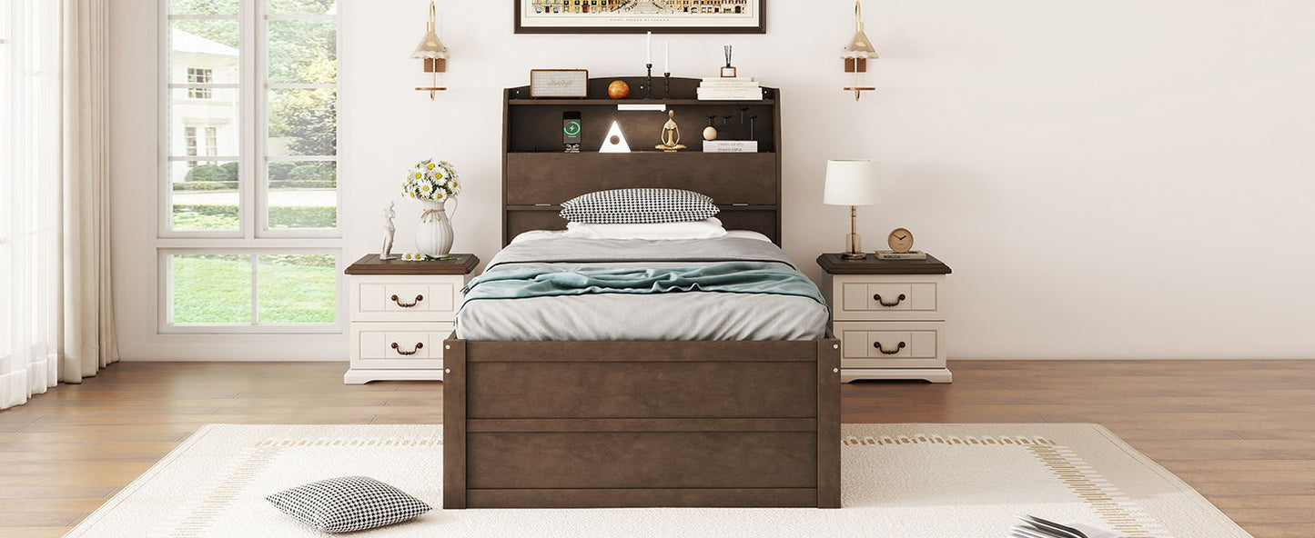 Twin Size LED Platform Bed With Trundle With Storage Headboard With Drawers - Brown