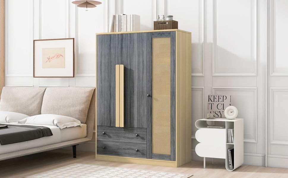 3 Doors Rattan Wardrobe Storage For Bedroom, With 2 Drawers - Gray / Nature