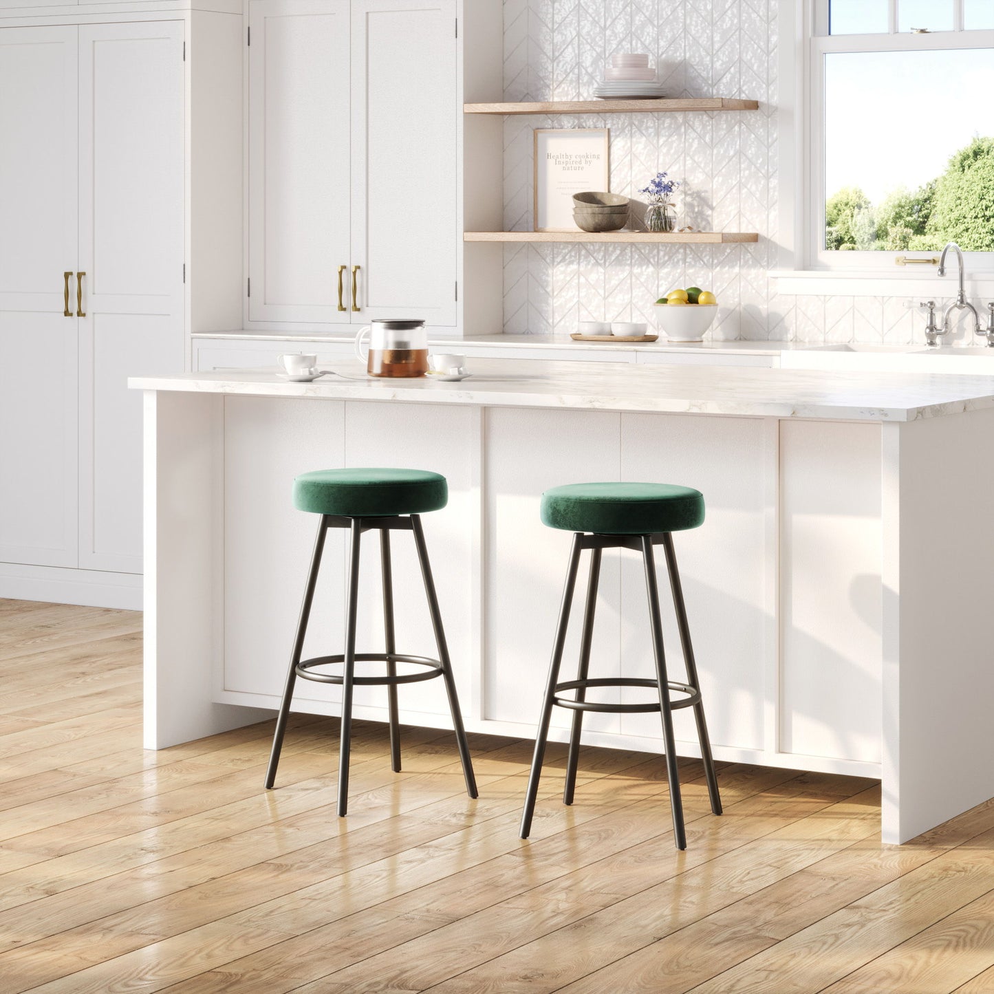 Modern Glam Upholstered Faux Velvet Bar Stool - Emerald