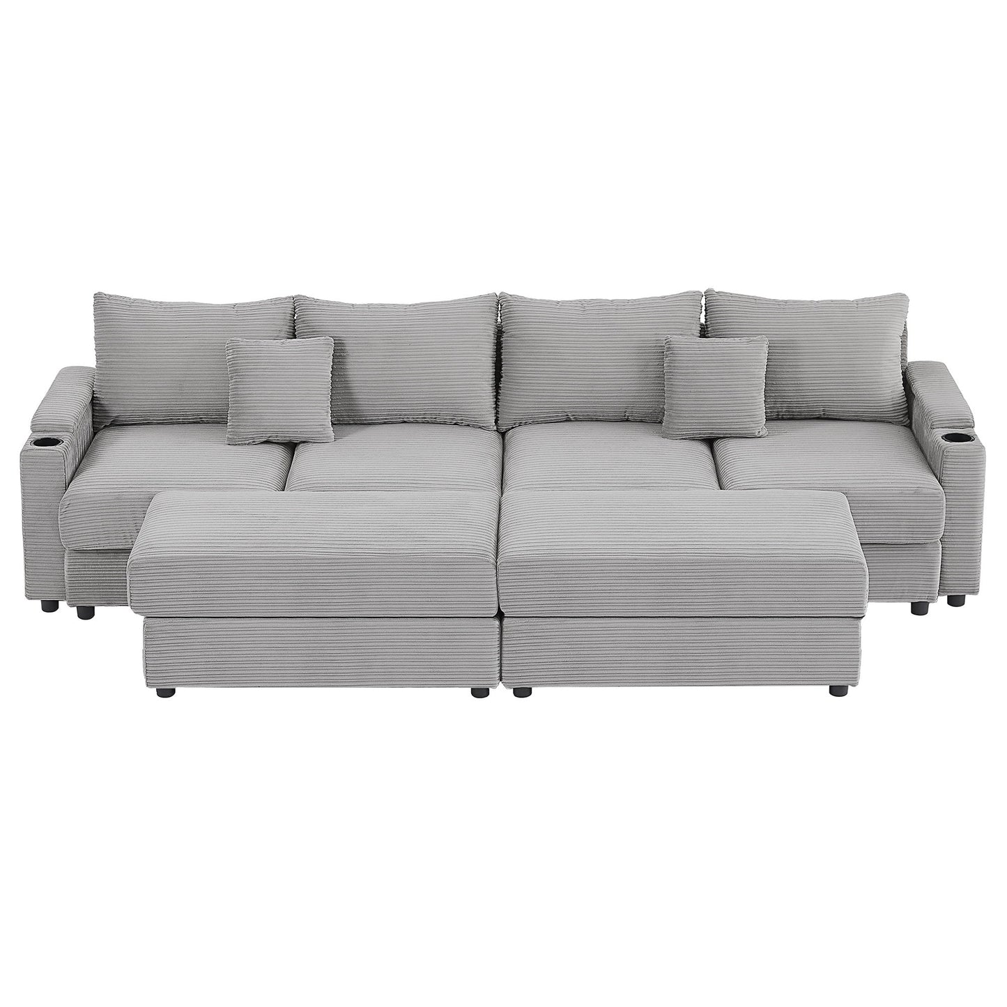 Modern Style 4 - Seater Sofa Sectional Sofa Couch With Storage Space, Two Movable Ottomans, Two USB Ports, Two Cup Holders, A Phone Holder For Living Room - Gray