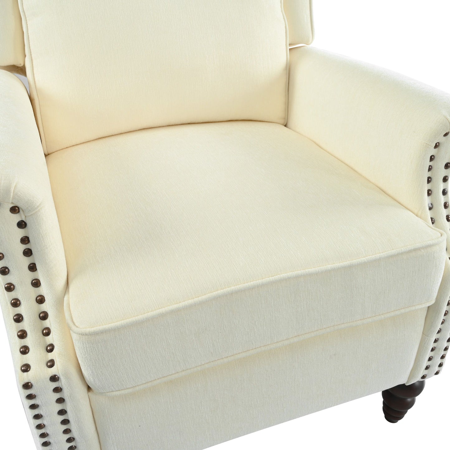 Push Back Recliner Chair Upholstered With Classic Wing Back And Solid Gourd-Shaped Legs For Living Room - Beige