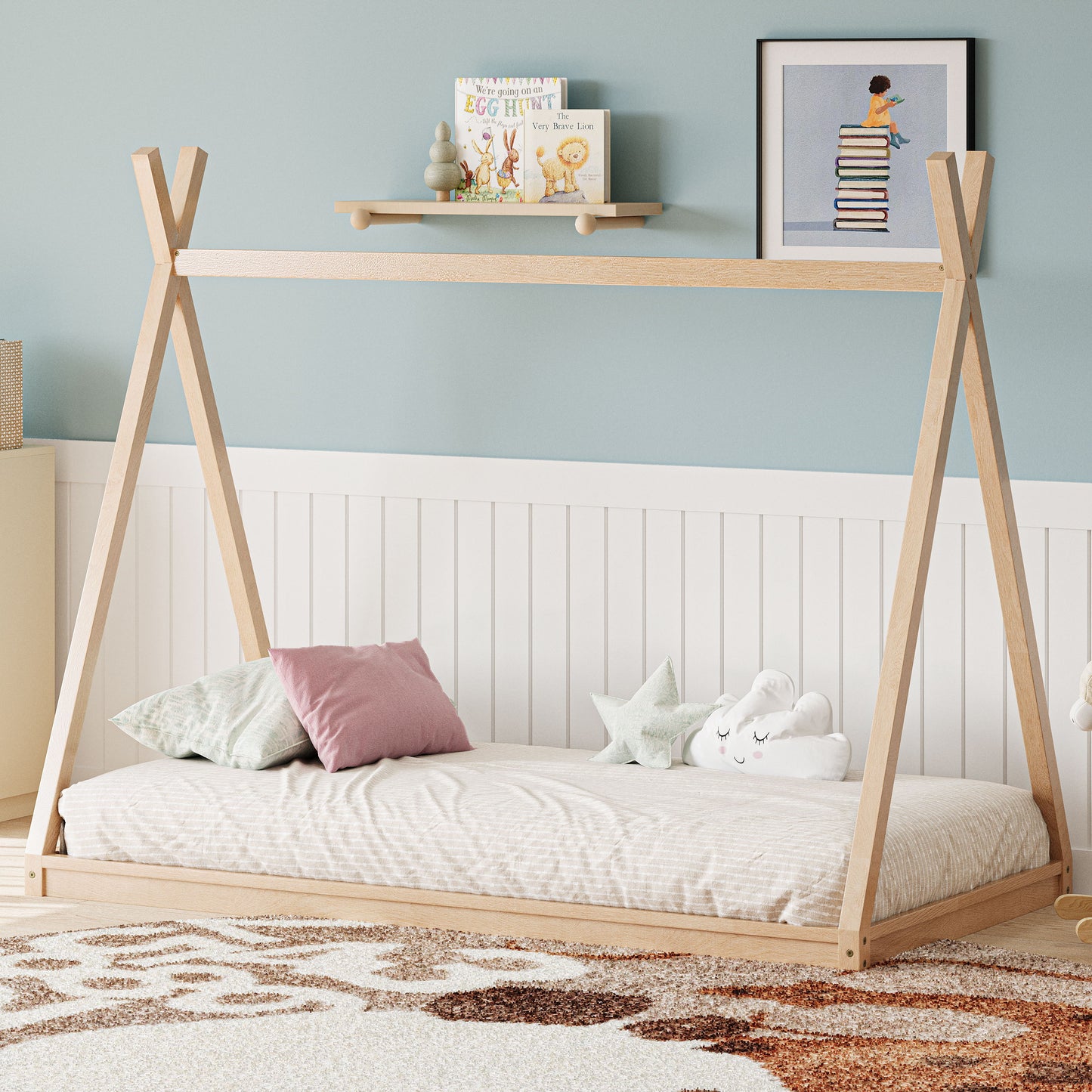 Wood Twin Size Tent Bed For Kids, Montessori Style Low - Floor Bed, House-Shape Tent Bed Frame For Boys Girls Teens, Without Slats - Natural