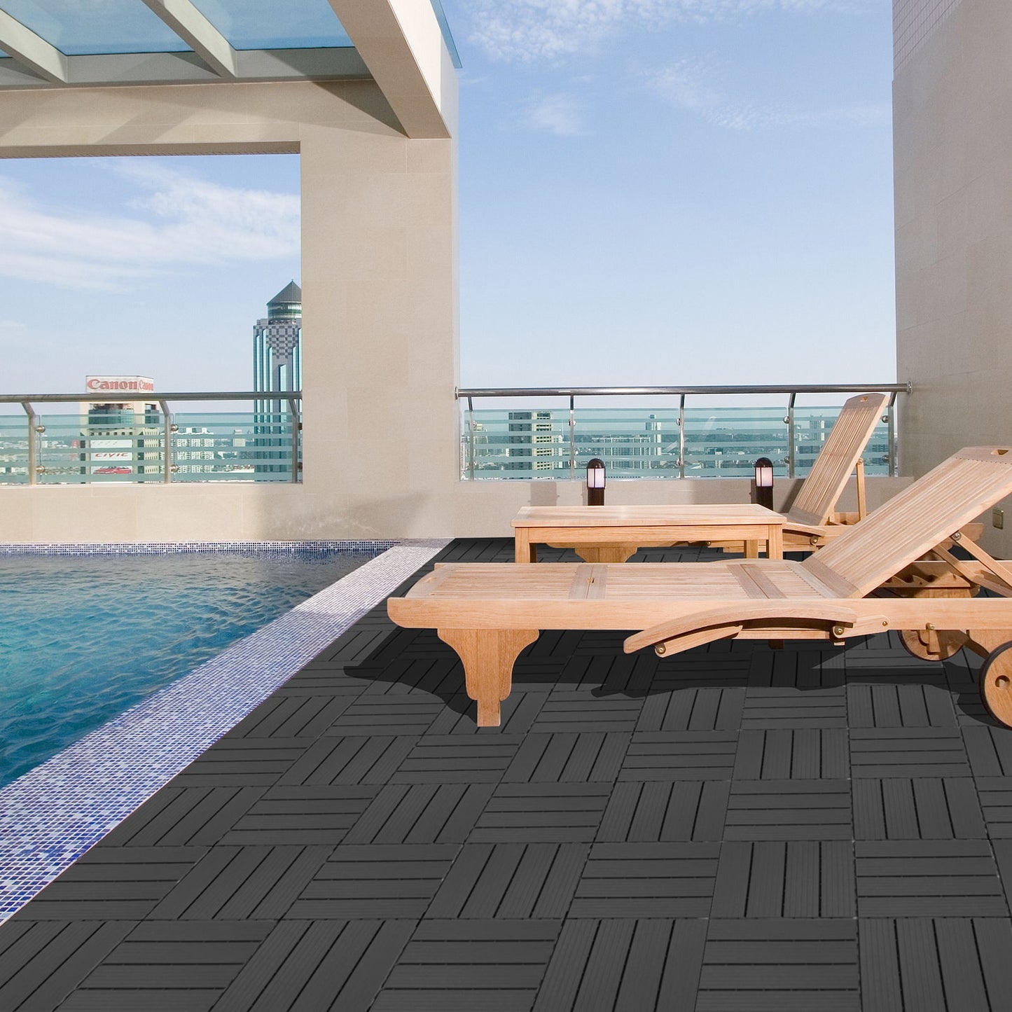 Plastic Interlocking Deck Tiles, Patio Flooring Outdoor Waterproof All Weather Use For Garden Poolside Front / Back Yard (Set of 44) - Light Gray
