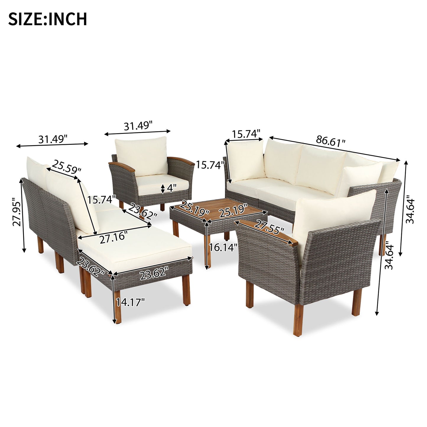 9 Piece Patio Rattan Furniture Set, Outdoor Conversation Set With Acacia Wood Legs And Tabletop, PE Rattan Sectional Sofa Set With Coffee Table, Washable Cushion - Beige
