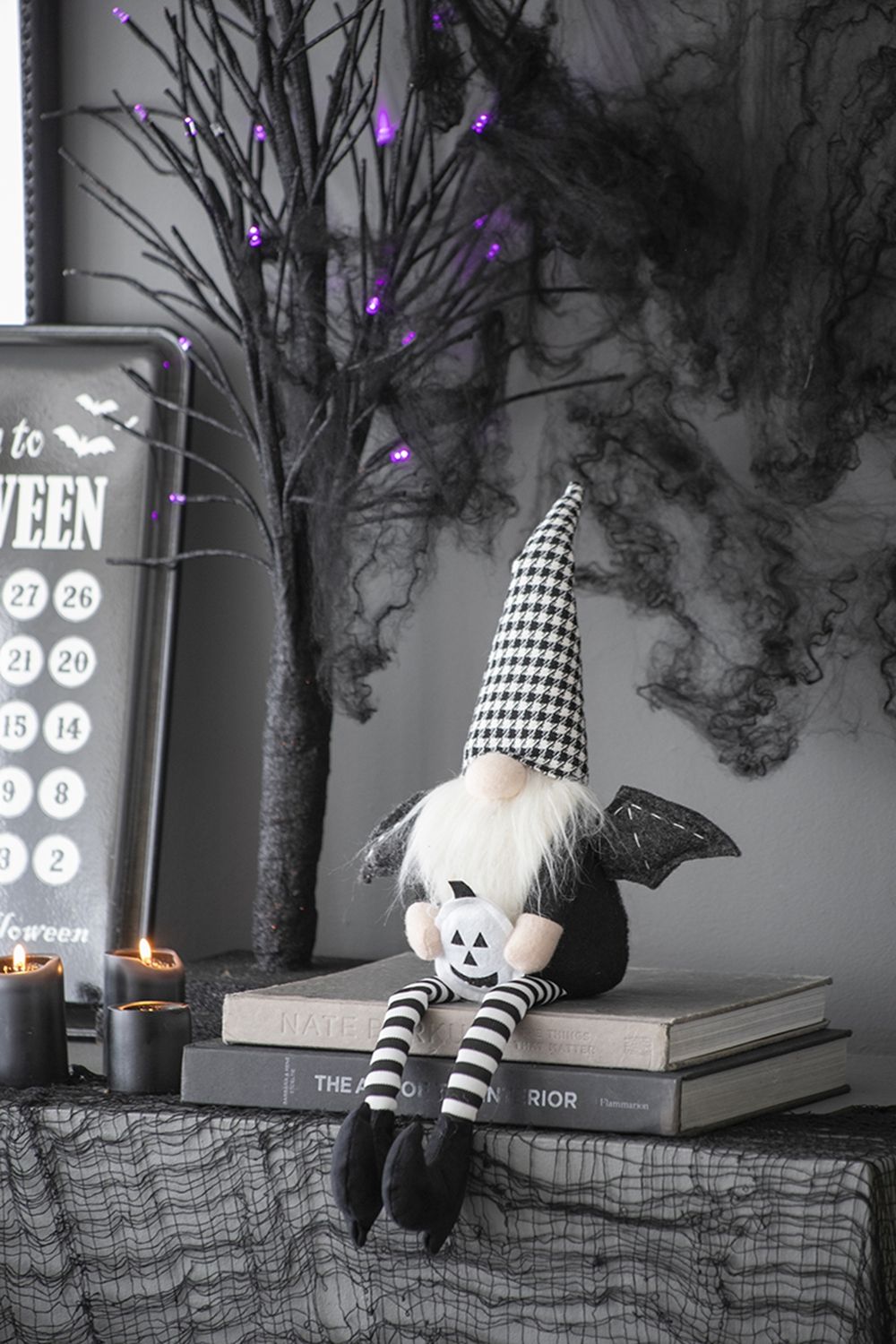 Sitting Gnome With Wings & Plaid Hat, For Halloween Decor (Set of 2) - Black White