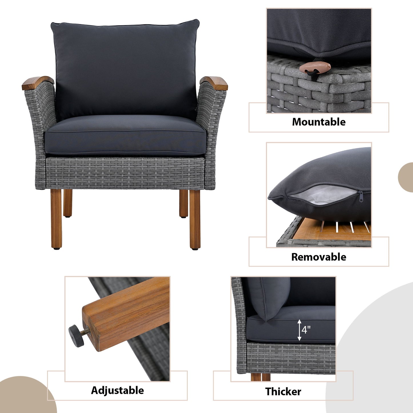 9 Piece Patio Rattan Furniture Set, Outdoor Conversation Set With Acacia Wood Legs And Tabletop, PE Rattan Sectional Sofa Set With Coffee Table, Washable Cushion - Gray