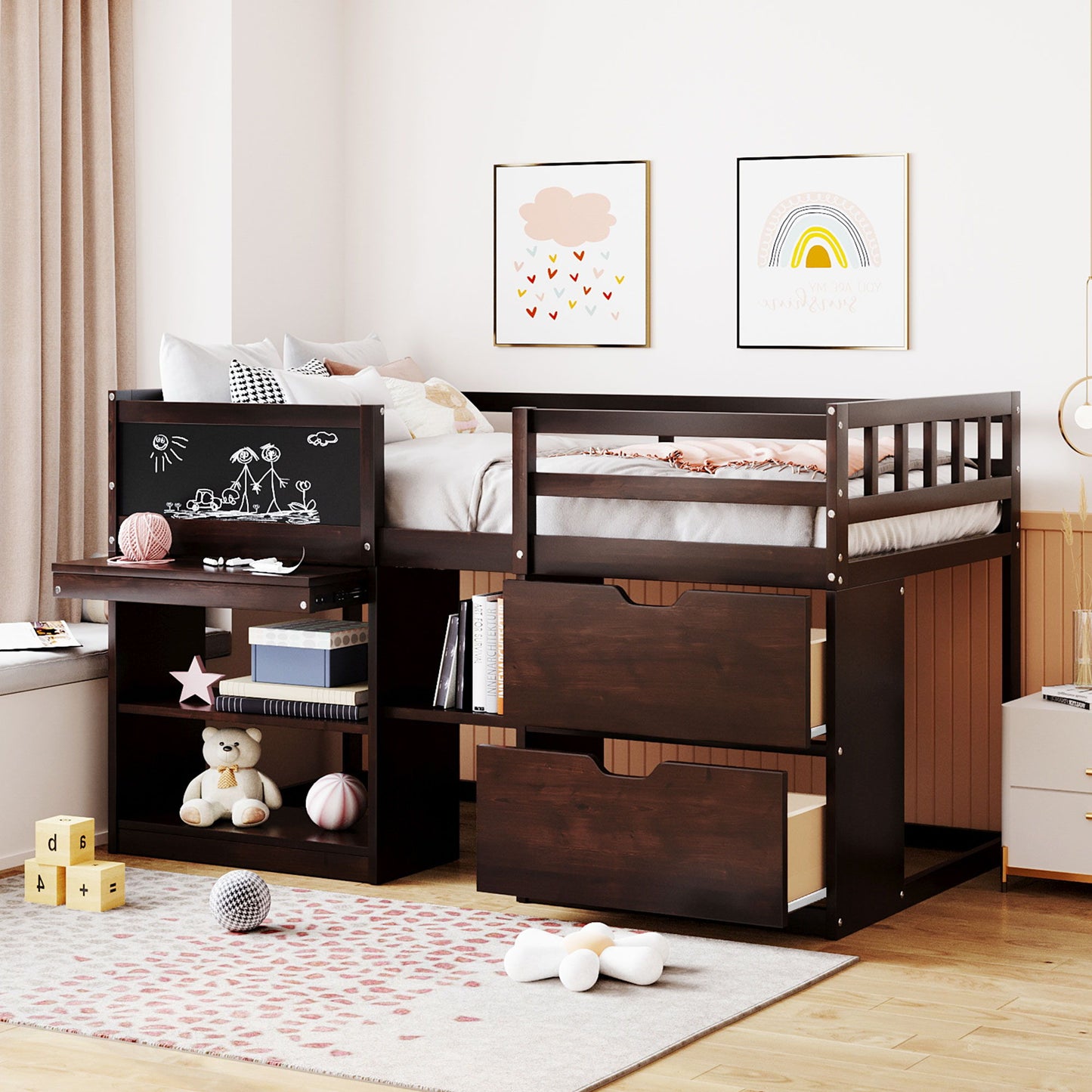 Twin Size Low Loft Bed With Rolling Desk, Shelf And Drawers - Espresso