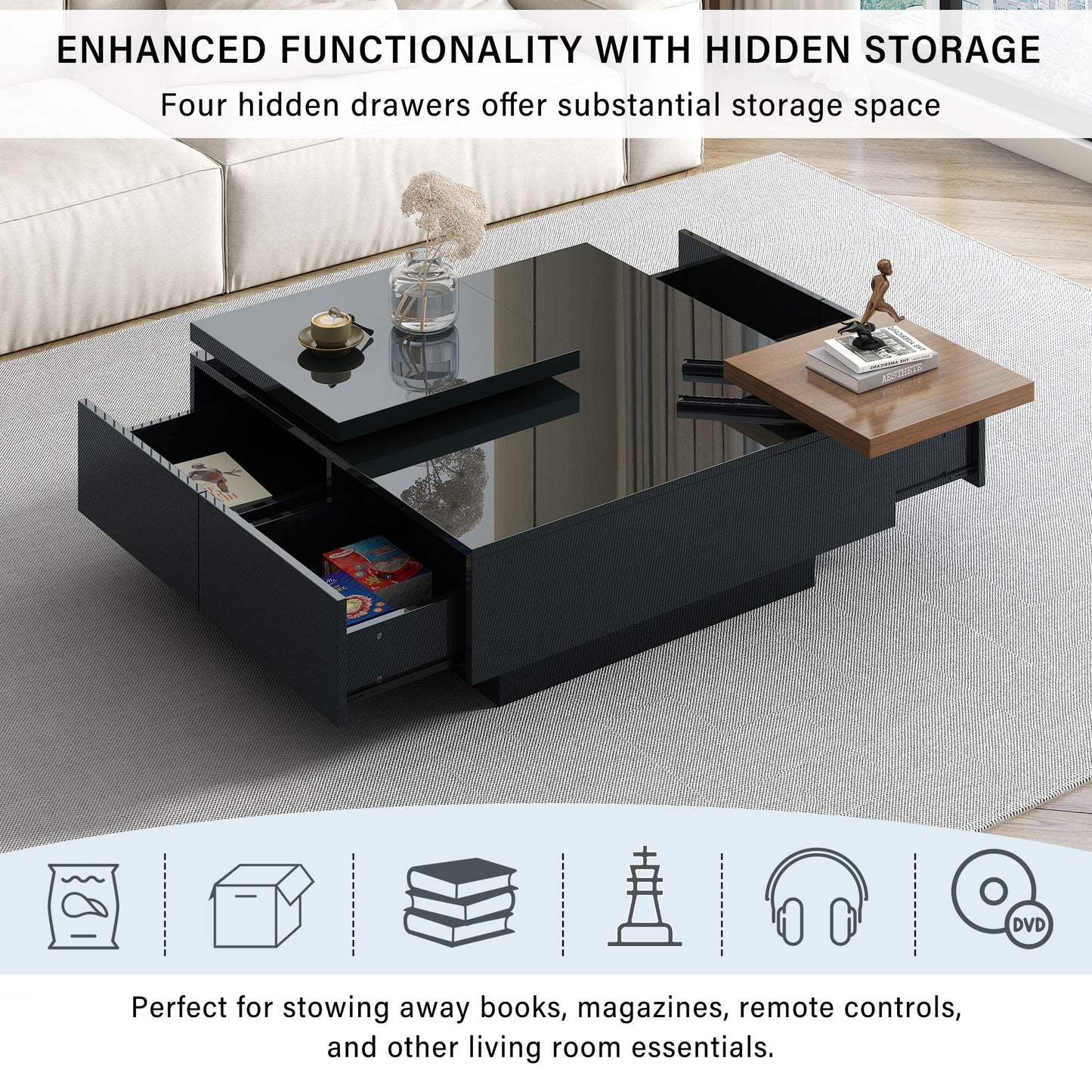 Movable Top Coffee Table, Modern Square Wood Coffee Table With High Gloss Finish, 4 Hidden Storage Drawers For Living Room - Black