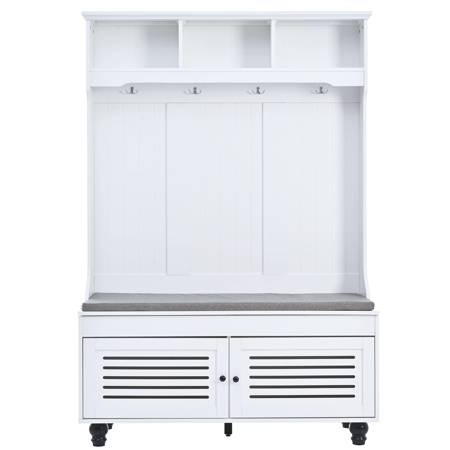 5 In 1 Entryway Bench With Shutter - Shaped Doors, Coat Rack, Cushion And 4 Sturdy Hooks, Wide Hall Tree With Storage Bench For Hallway, Entryway, Living Room - White