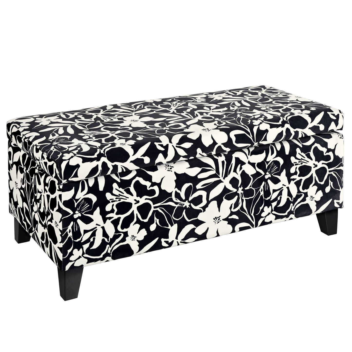 Luxury Storage Ottoman With Floral Patterned Fabric, Soft Close Hinges, Multi Functional Footrest & Seat - Black Floral / White