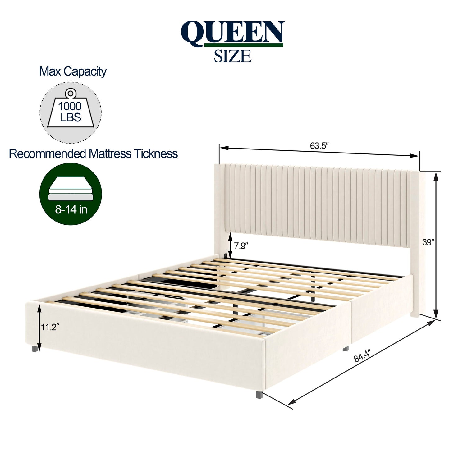 Anna - Queen Patented 2 Drawer Storage Bed, Upholstered Wingback - Ivory Velvet