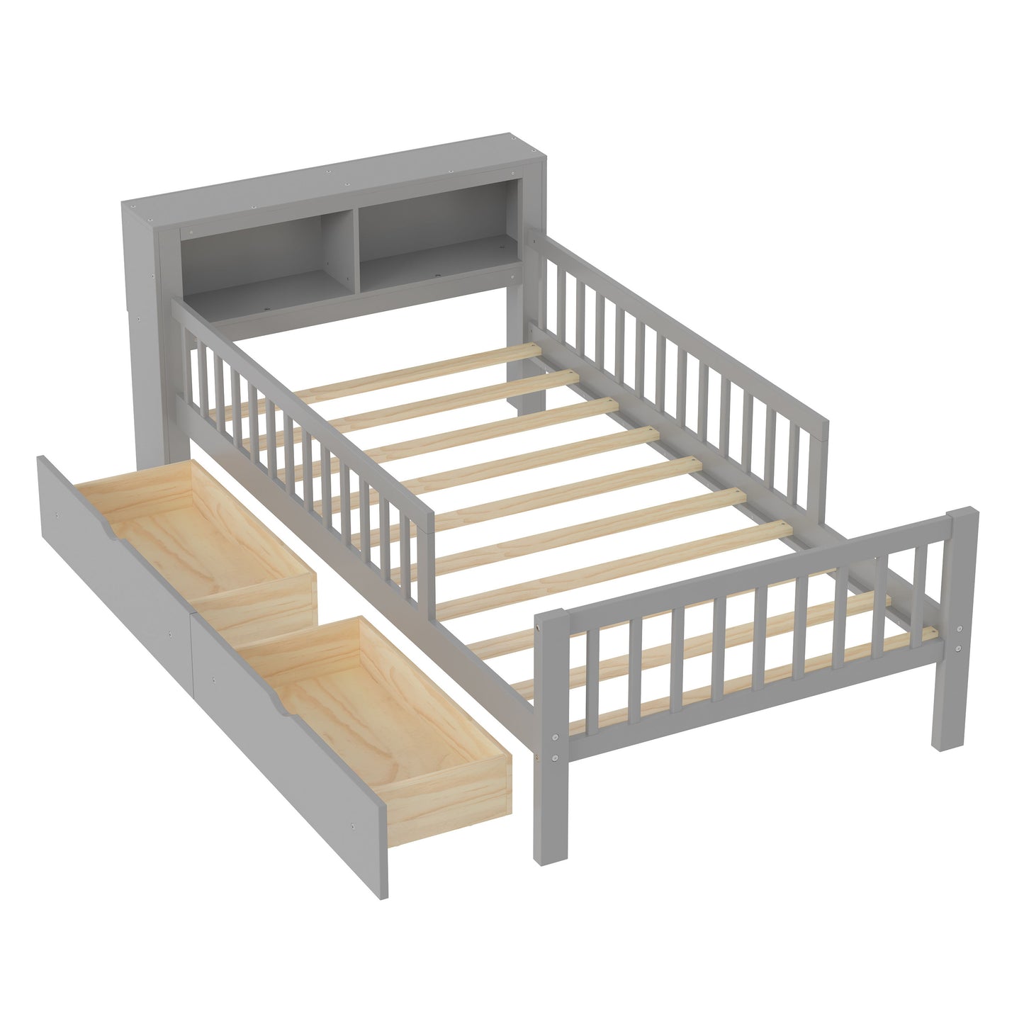 Twin Size Bed With Headboard Storage Rack, 2 Under Bed Drawers, 3 - Side Guardrails For Safety And Security - Gray