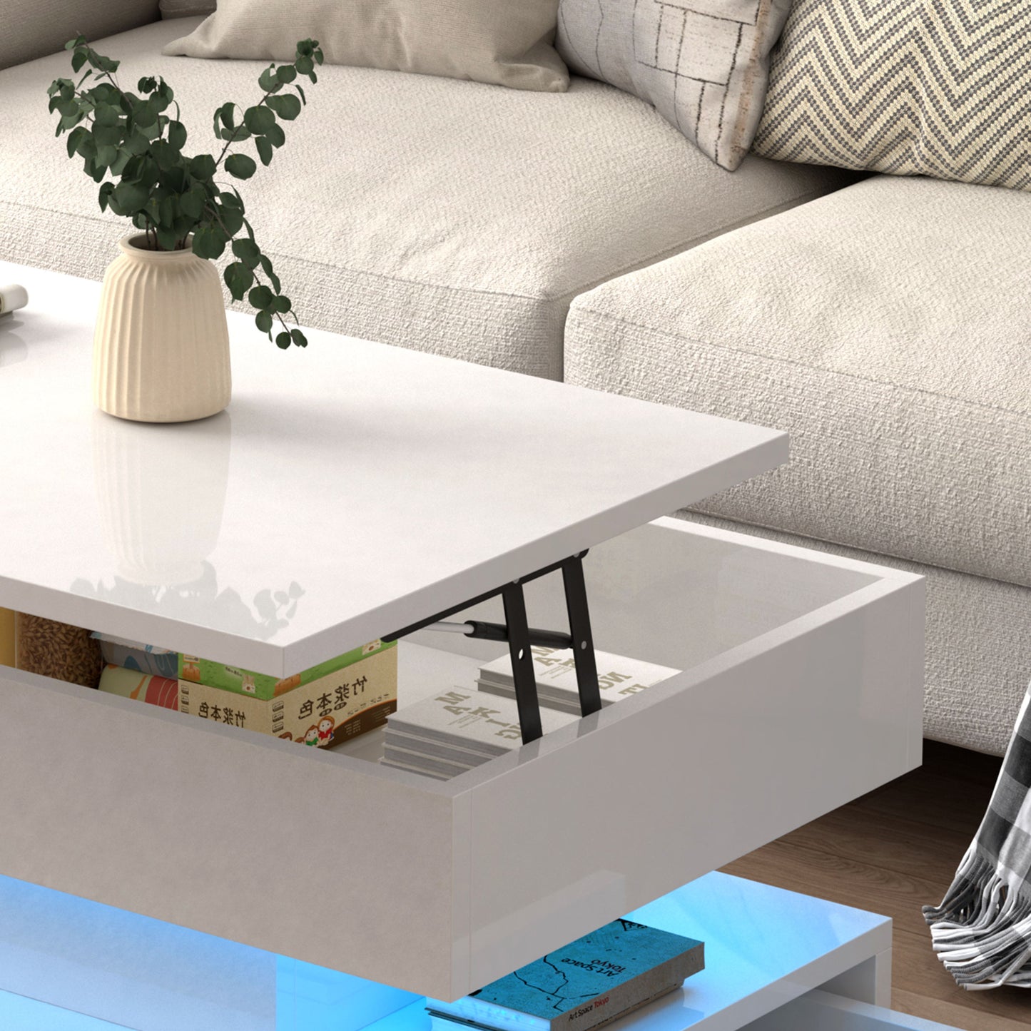 Contemporary Foldable Coffee Table With Drawers And LED White & Metal 3 Tier Design - White