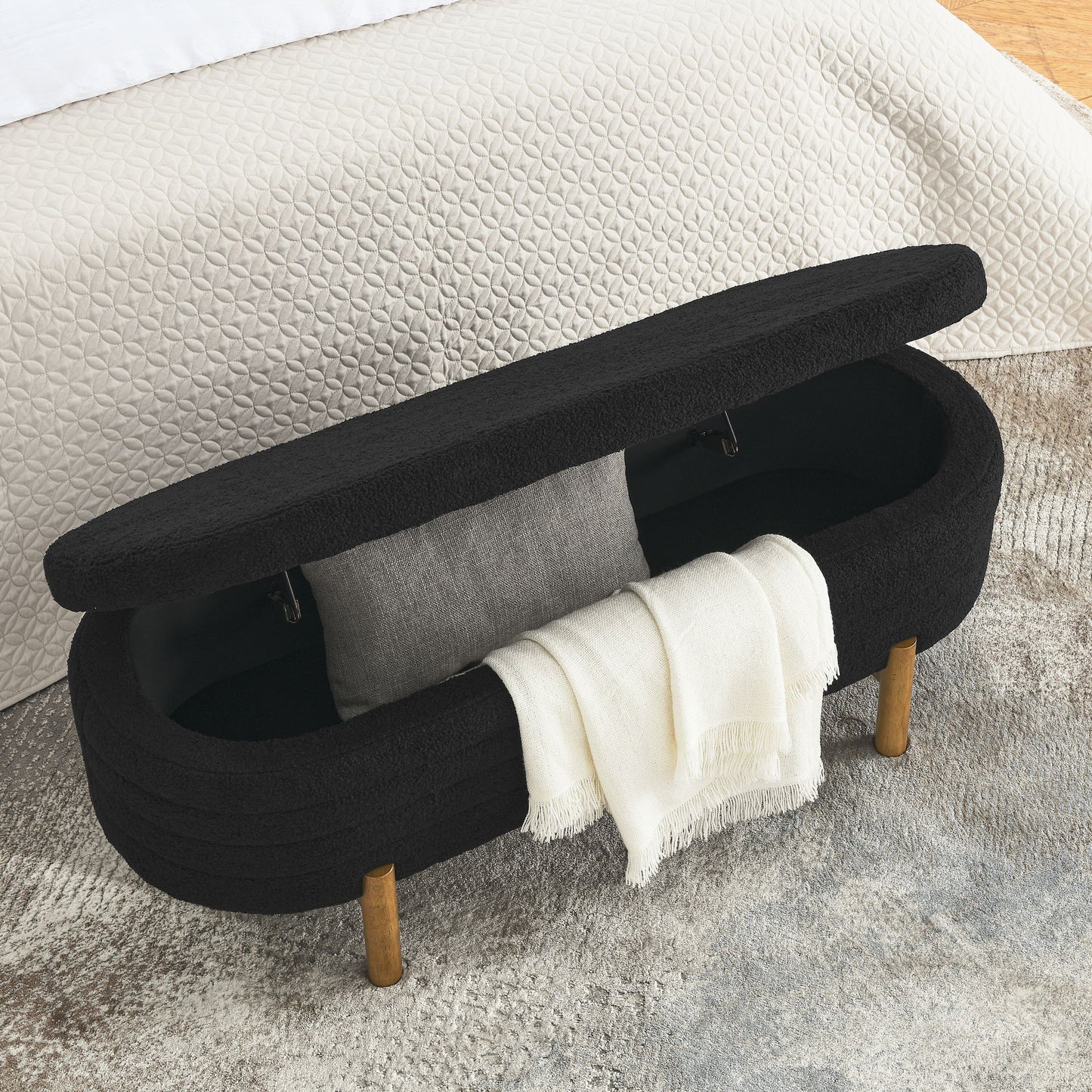 Ottoman Oval Storage Bench With Rubber Wood Legs - Black
