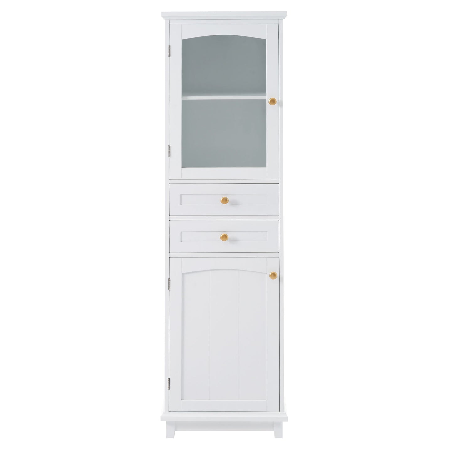 Tall Bathroom Storage Cabinet With Glass Doors, Free-Standing, Two Drawers, And Adjustable Shelves, MDF Board, Painted Perfect For Displaying Your Favorite Items - White