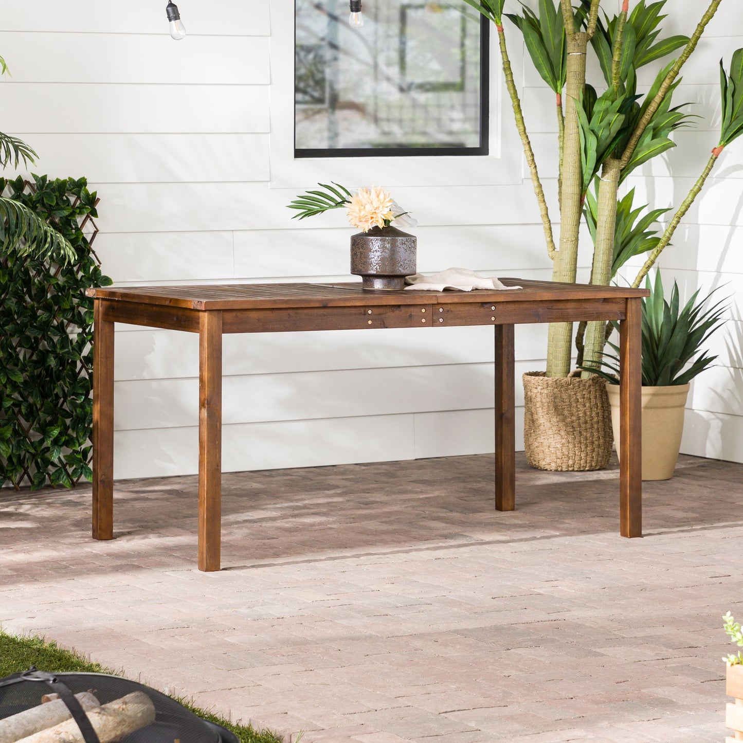 Contemporary Slat Top Acacia Wood Outdoor Dining Table - Dark Brown