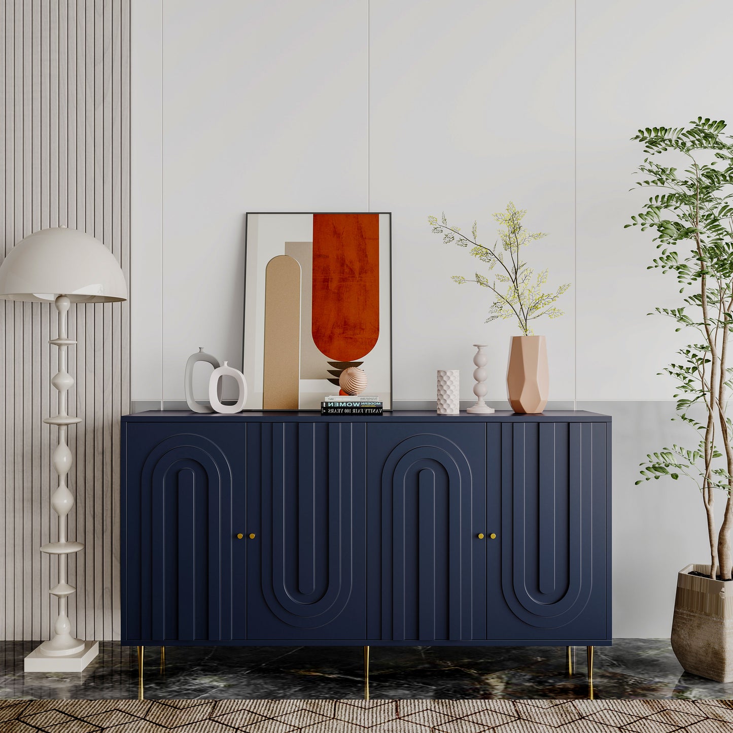 Modern Lacquered 4 Door Wooden Cabinet Sideboard Buffet Server Cabinet Storage Cabinet, For Living Room, Entryway, Hallway, Office, Kitchen And Dining Room - Blue