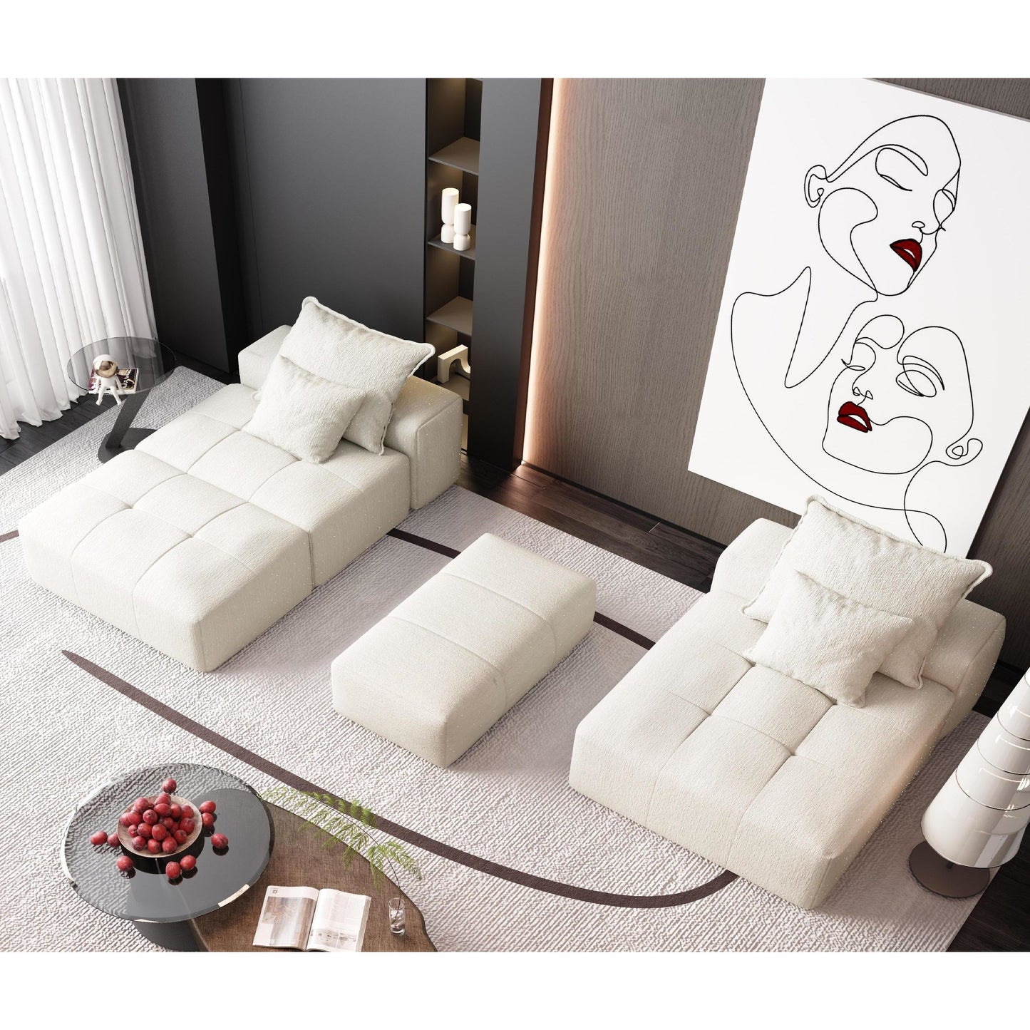 Modern Oversized Modular Sectional Sofa With Ottoman, Seat, Chaise Lounge And Armrest, Sparkling Chenille Fabric Soft Cushion Sofa With 4 Pillows, 4 Pieces Diy Combination Tufted Sofa, No Assembly Required - Beige