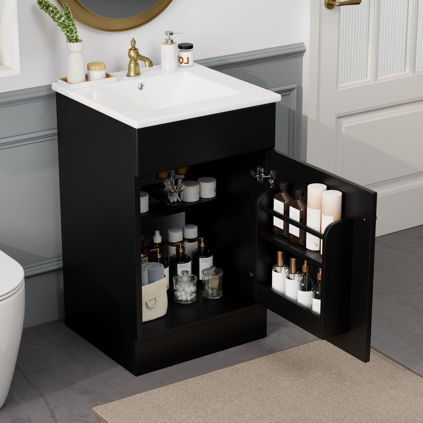 20" Bathroom Vanity With Sink, Freestanding Cabinet With Door Shelf And Adjustable Shelf, And Ceramic Construction - Black