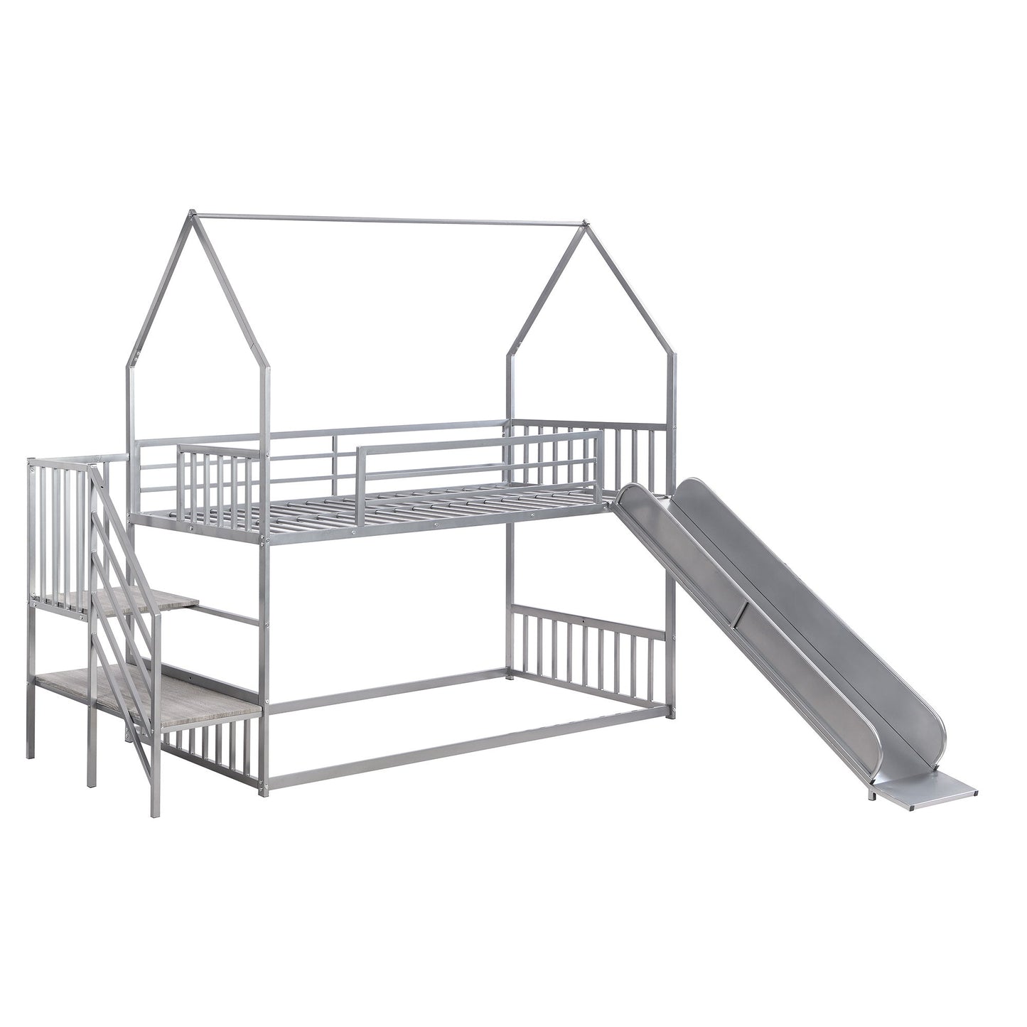 Twin Over Twin Metal Bunk Bed House Bed With Slide And Staircase - Silver