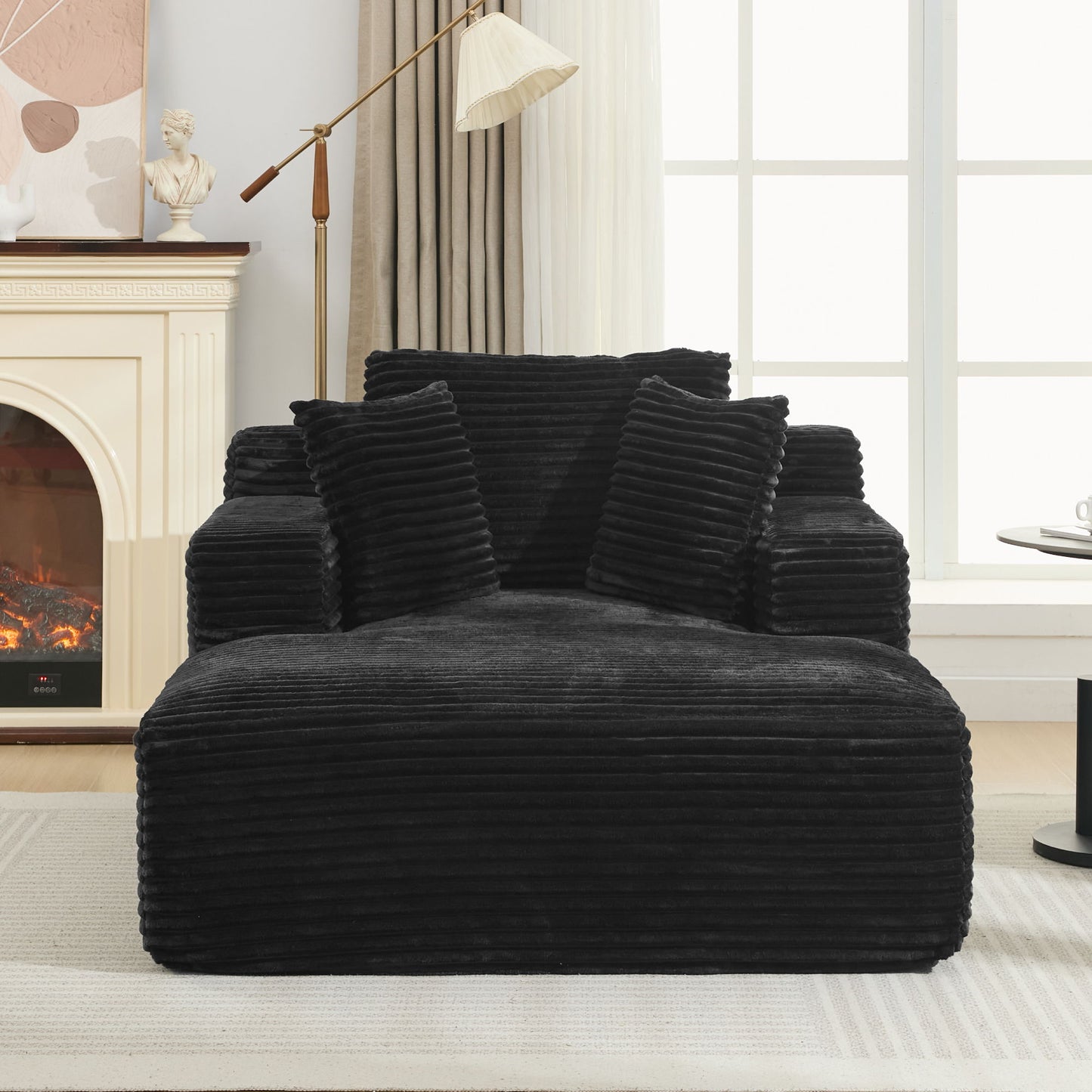 Modern Corduroy Chaise Lounge Sofa Bed With Removable Pillows, Upholstered Sleeper Sofa - Black