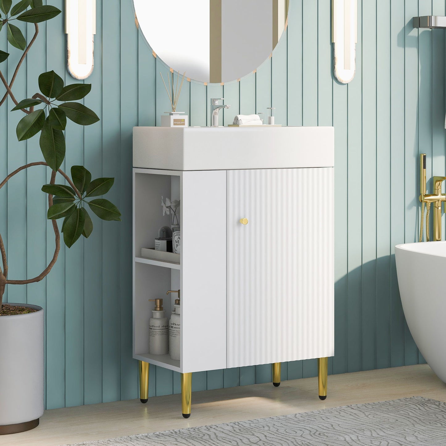 Hearth & Haven Amelia - Bathroom Vanity With Storage Cabinet, Single Ceramic Sink And Left Side Storage - White