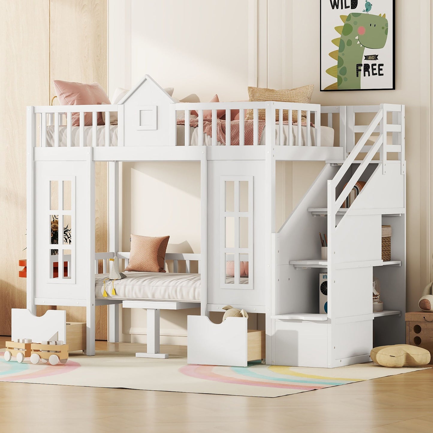 Twin Over Twin Bunk Bed With Changeable Table, Turn Into Upper Bed And Down Desk - White