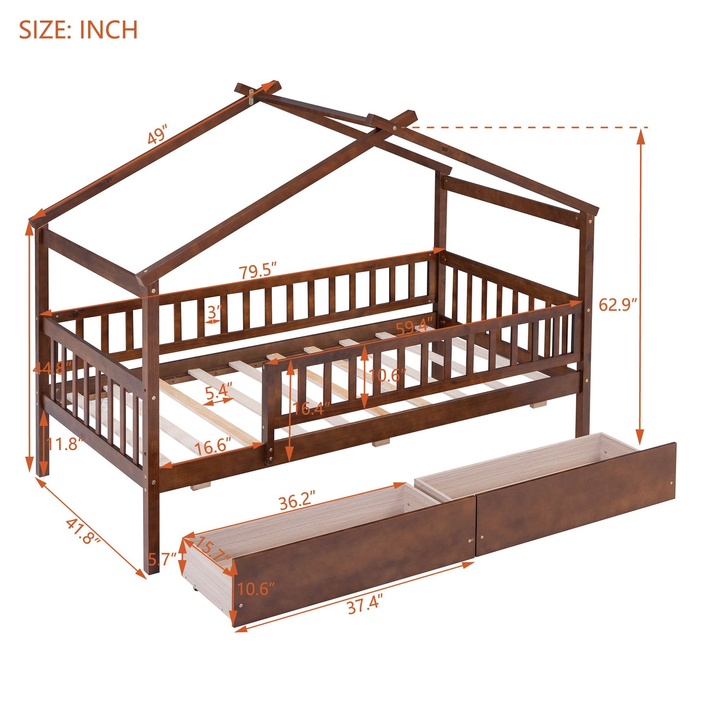 Twin Size House Bed With 2 Drawers - Walnut