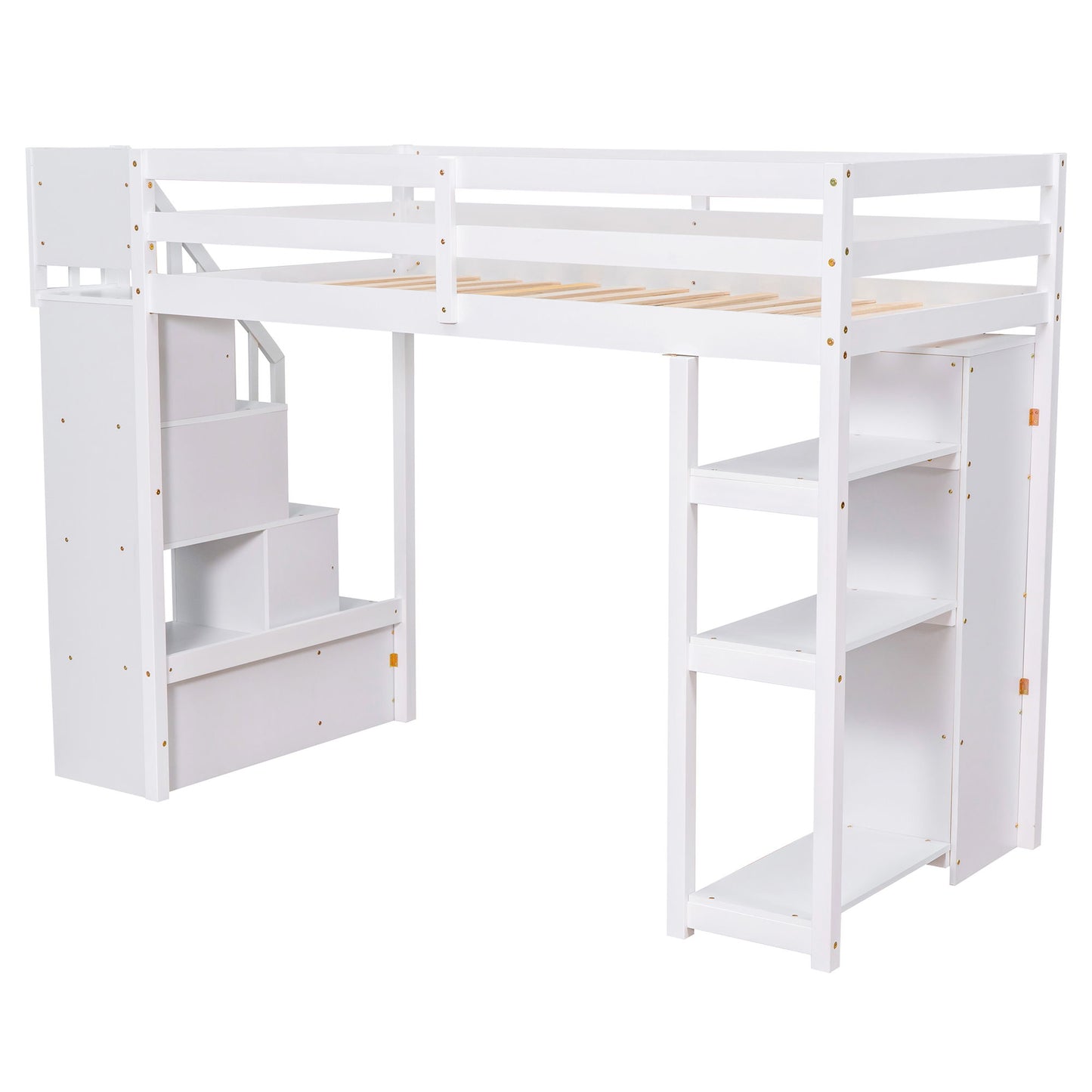 Twin Size Loft Bed With Storage Drawers And Stairs With Shelves - White
