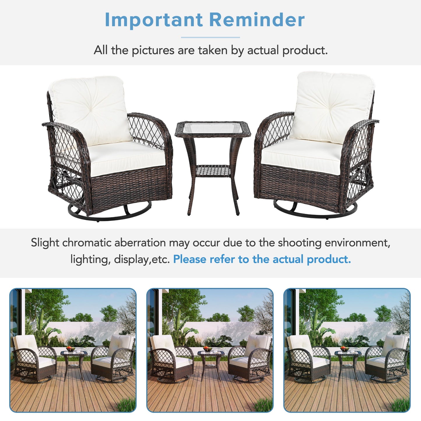 3 Piece Outdoor Chair & Table Set Chat Set 2 Person Rattan Seating Group With 2 Swiveling And Rocking Chairs And A Square Table For Garden, Patio, Or Balcony - Brown