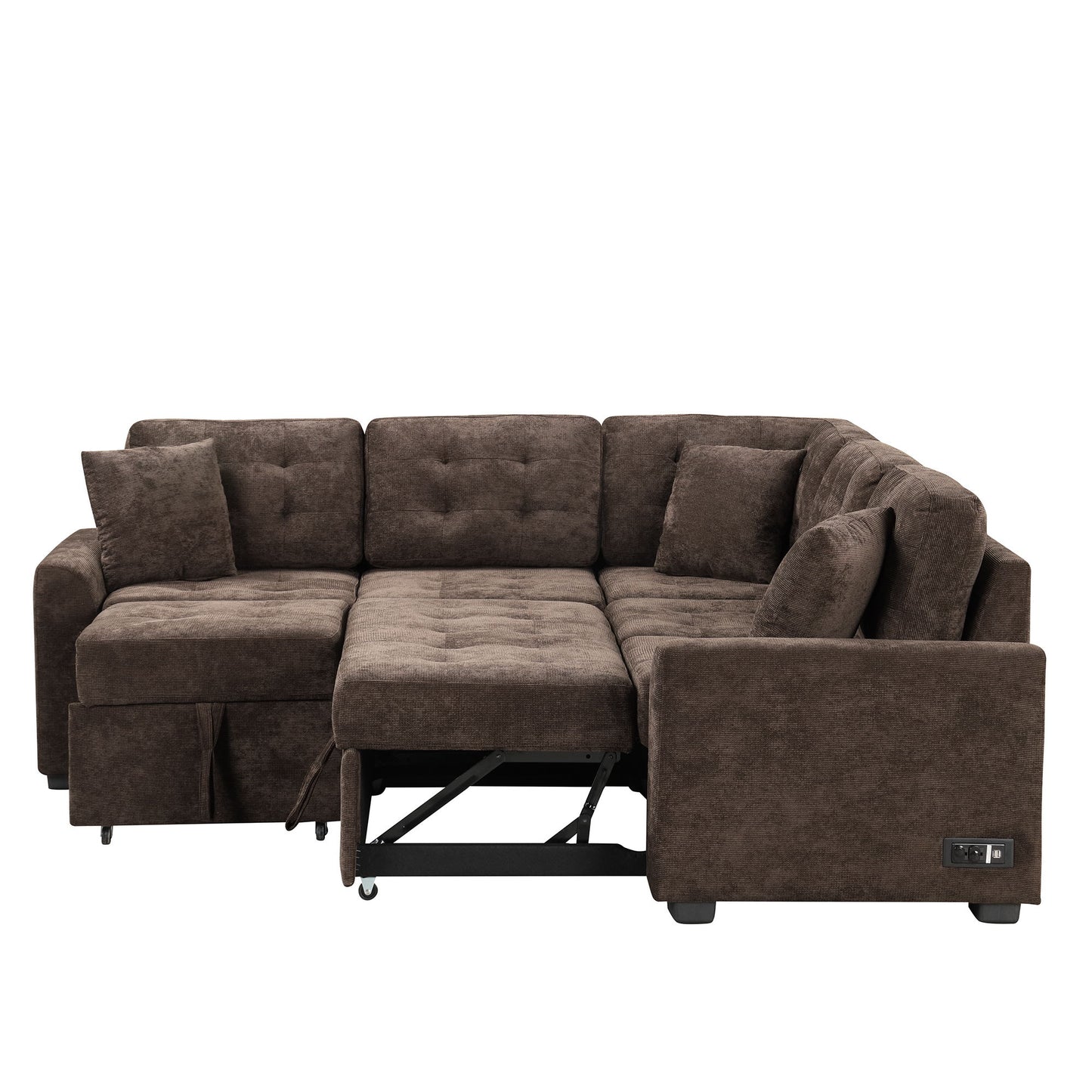 L-Shape Sofa Bed Pull-Out Sleeper Sofa With Wheels, USB Ports, Power Sockets For Living Room - Brown