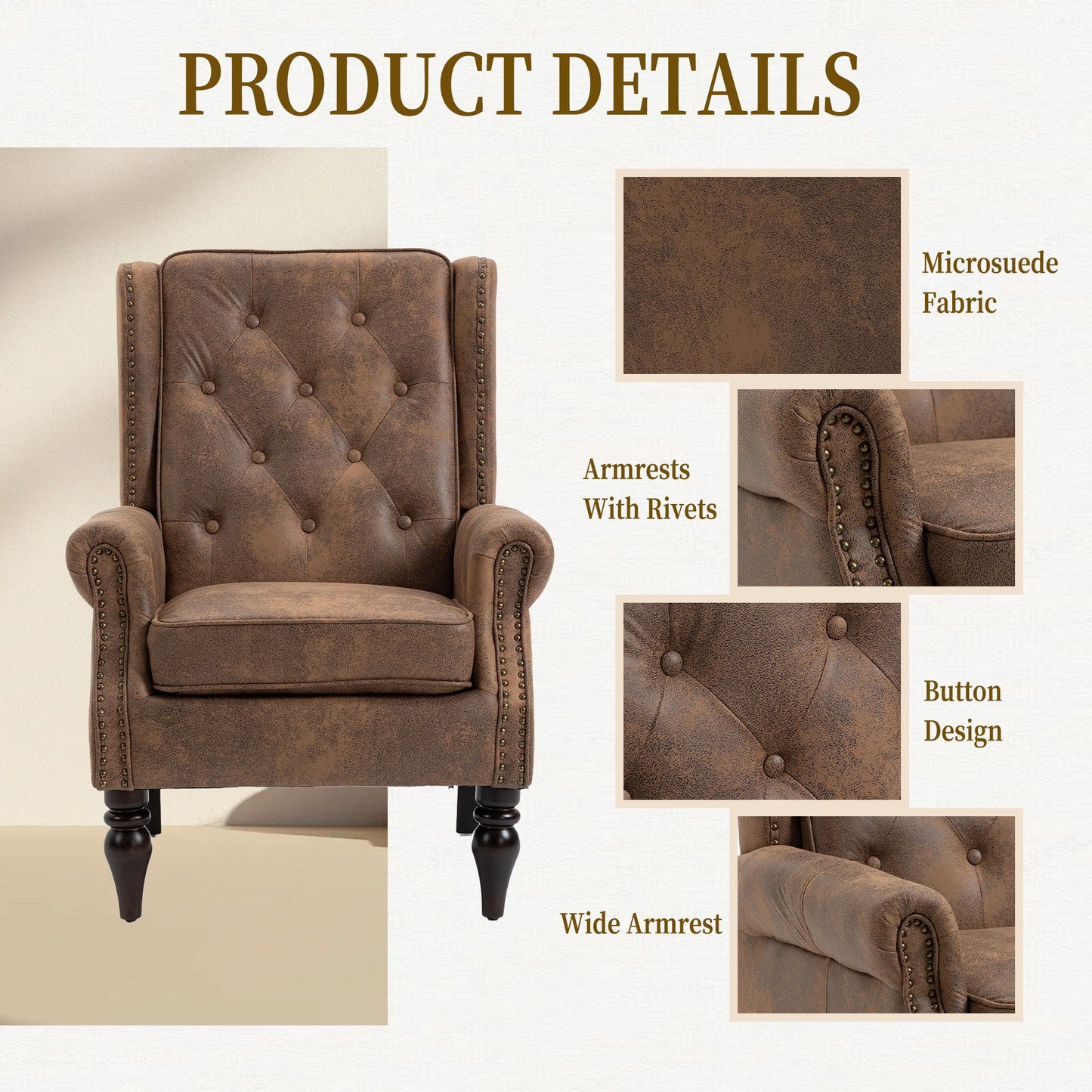 Modern Wood Frame Armchair With Sturdy Wood Legs And Microsuede Upholstery For Living Room