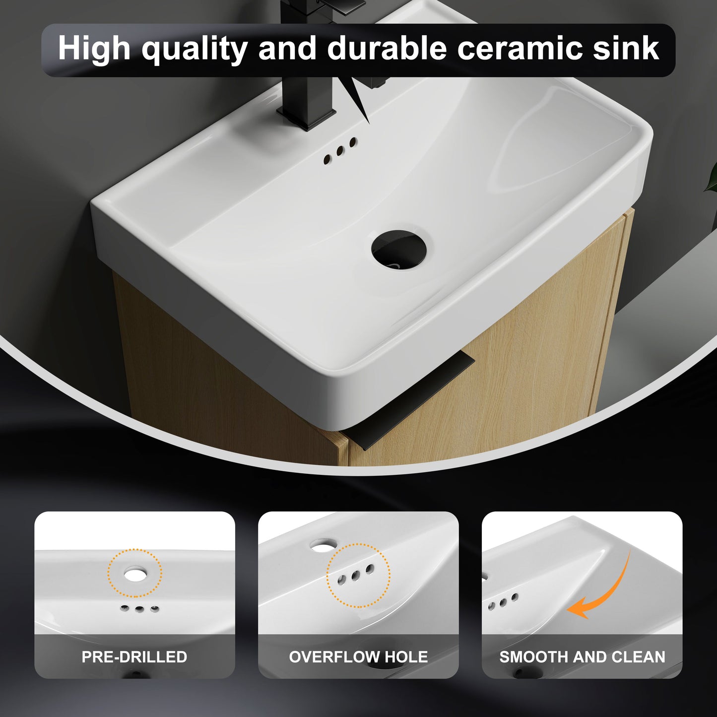 20" Wall Mounted Bathroom Vanity With Ceramic Sink And Storage Cabinet - Oak
