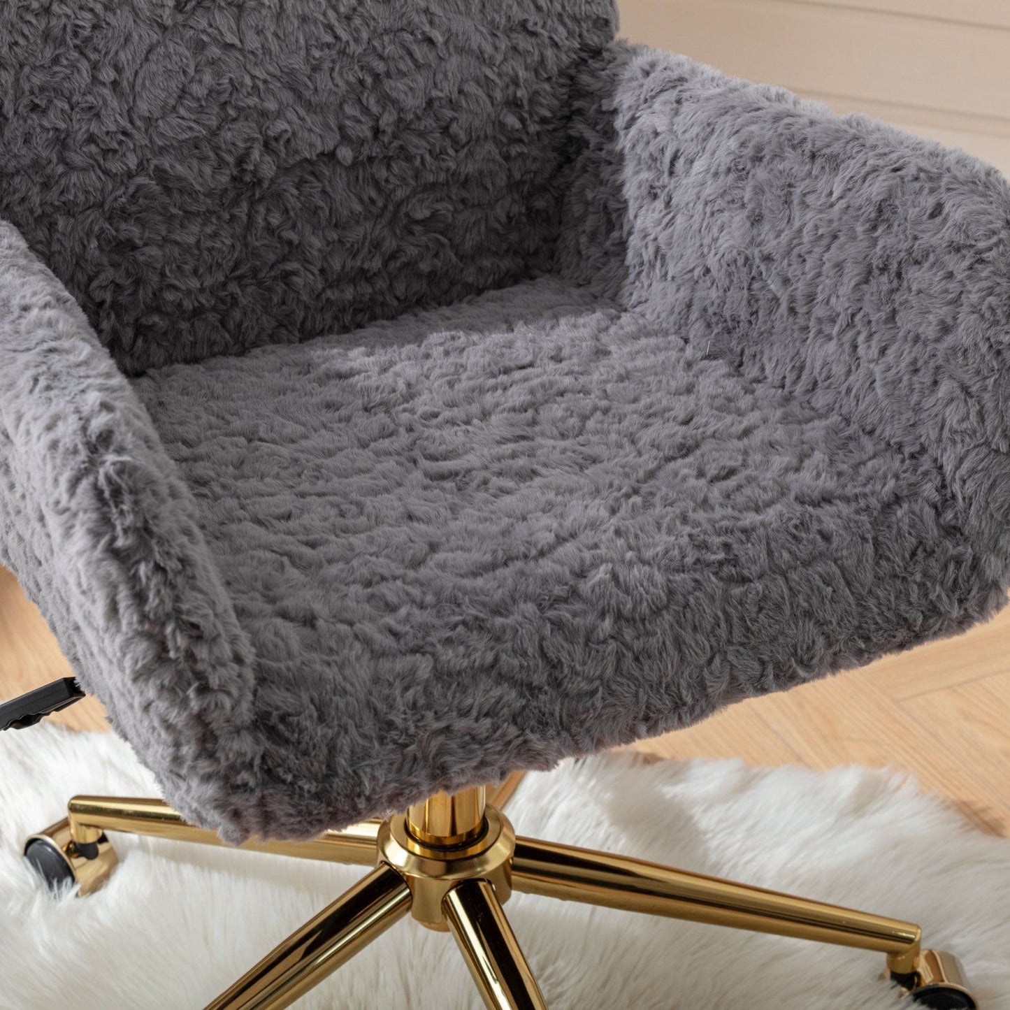 Office Chair, Artificial Rabbit Hair Home Office Chair With Golden Metal Base, Adjustable Desk Chair Swivel Office Chair, Vanity Chair - Gray