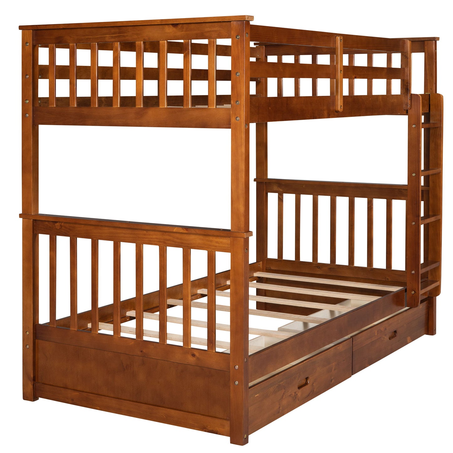 Twin Over Twin Bunk Bed With Ladders And 2 Storage Drawers - Walnut