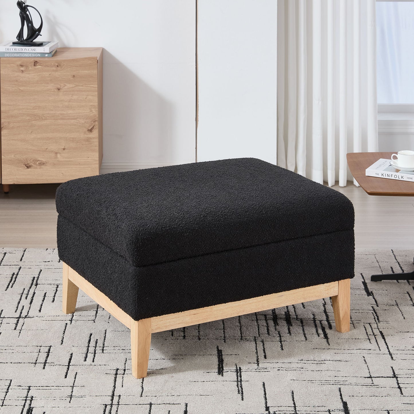 Upholstered Storage Ottoman With Reversible Lid Coffee Table, Foot Stool Square Footrest With Rubberwood Legs For Living Room Bedroom Entryway And Office - Black