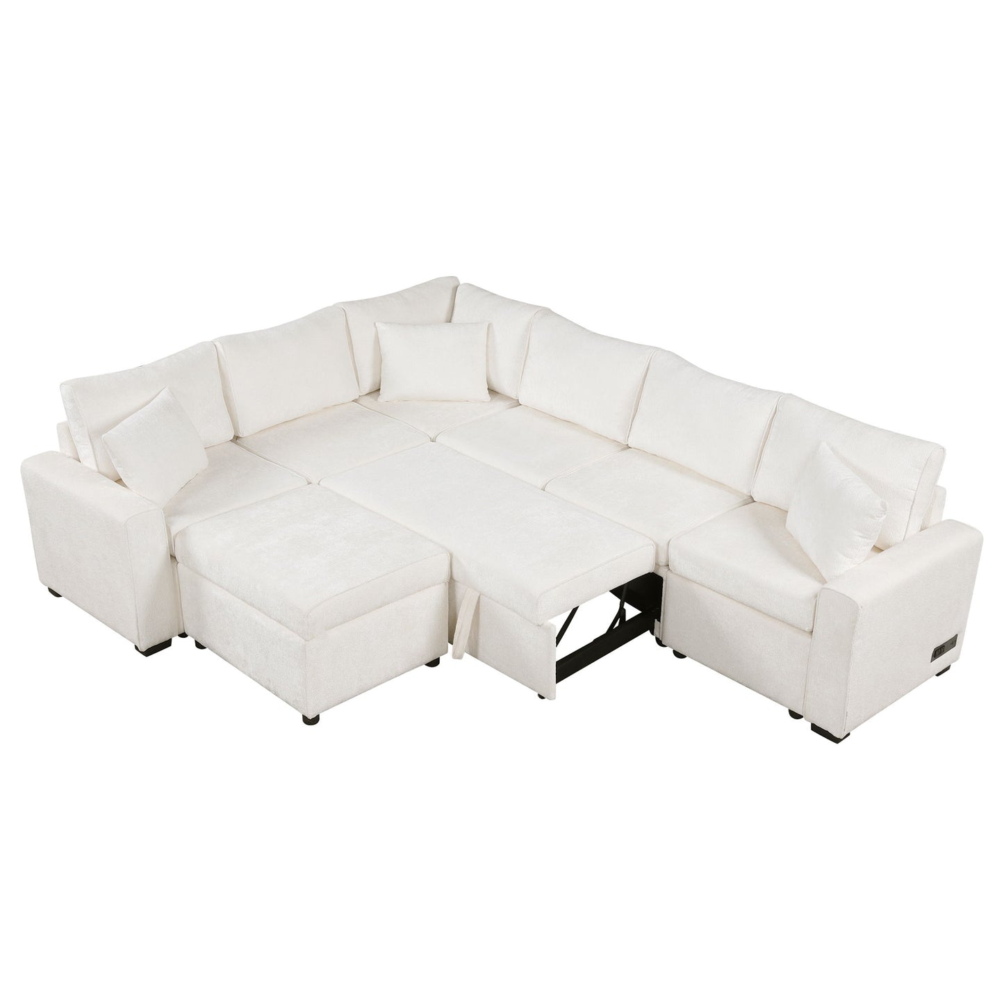 Sectional Sofa Pull-Out Sofa Bed Sleeper With A Storage Ottoman, Three Pillows And Charging Devices For Living Room - Cream