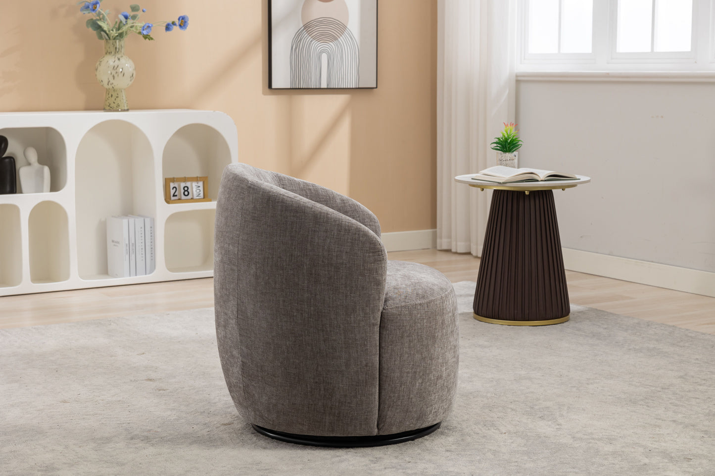 Chenille Fabric Swivel Accent Armchair Barrel Chair With Black Powder Coating Metal Ring - Gray