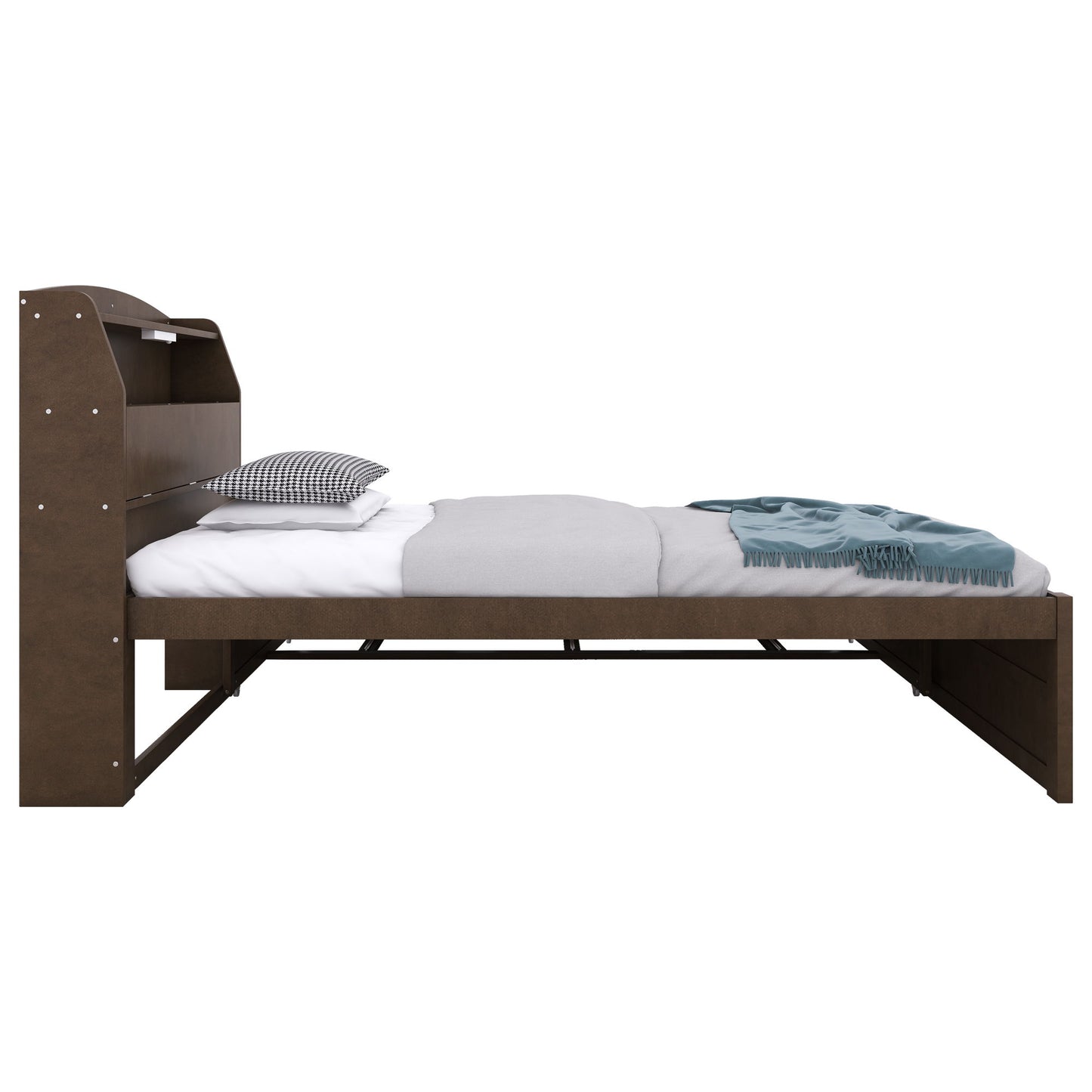 Twin Size LED Platform Bed With Trundle With Storage Headboard With Drawers - Brown