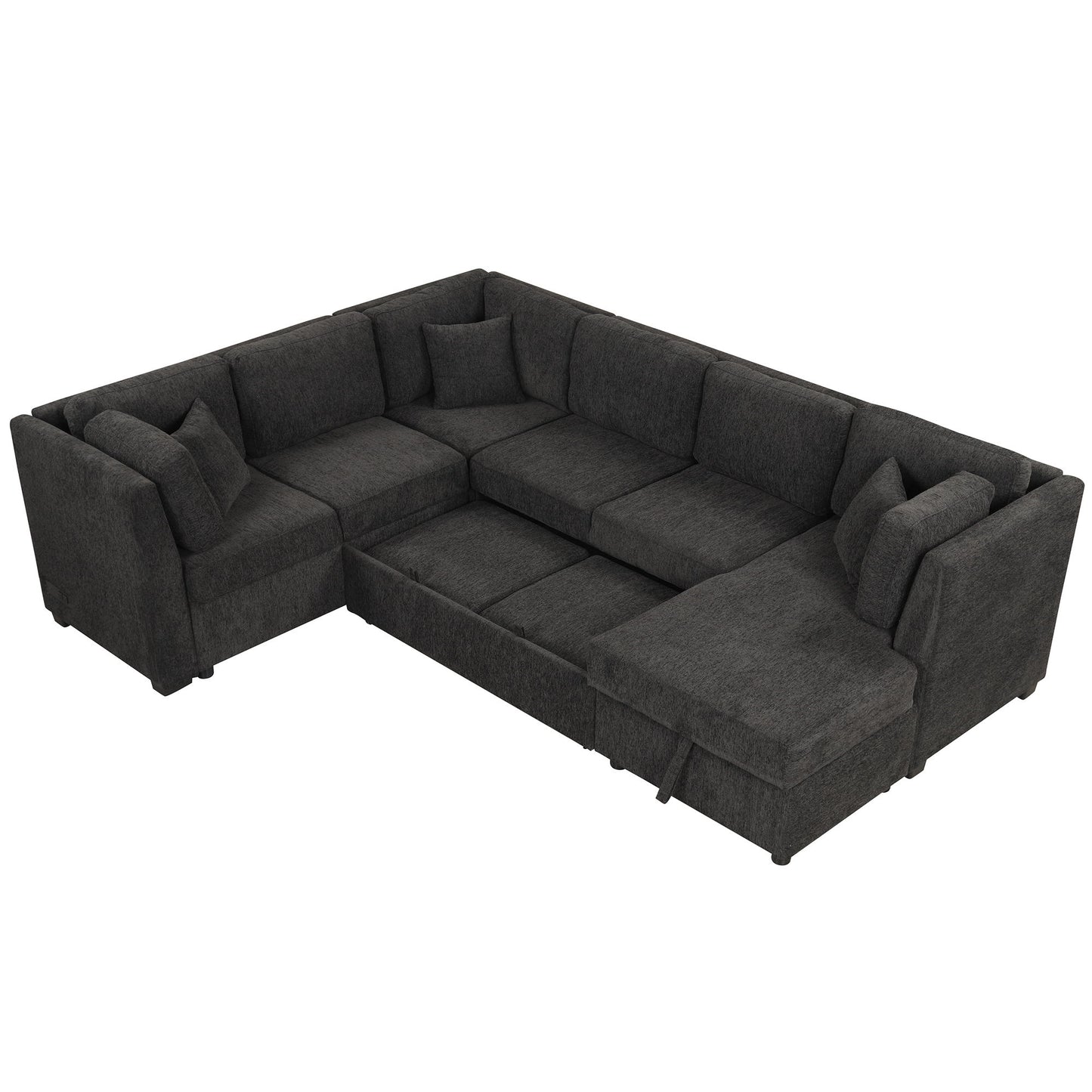 U-Shaped Sectional Sofa Pull Out Sofa Bed With Two USB Ports, Two Power Sockets, Three Back Pillows And A Storage Chaise For Living Room - Black