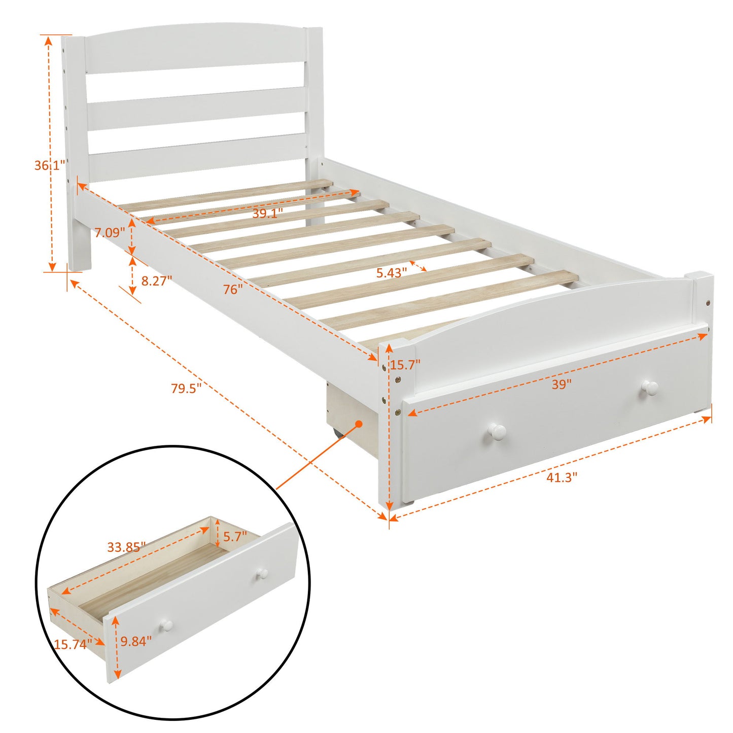 Twin Platform Bed Frame With Storage Drawer And Slat Support No Box Spring Needed - White